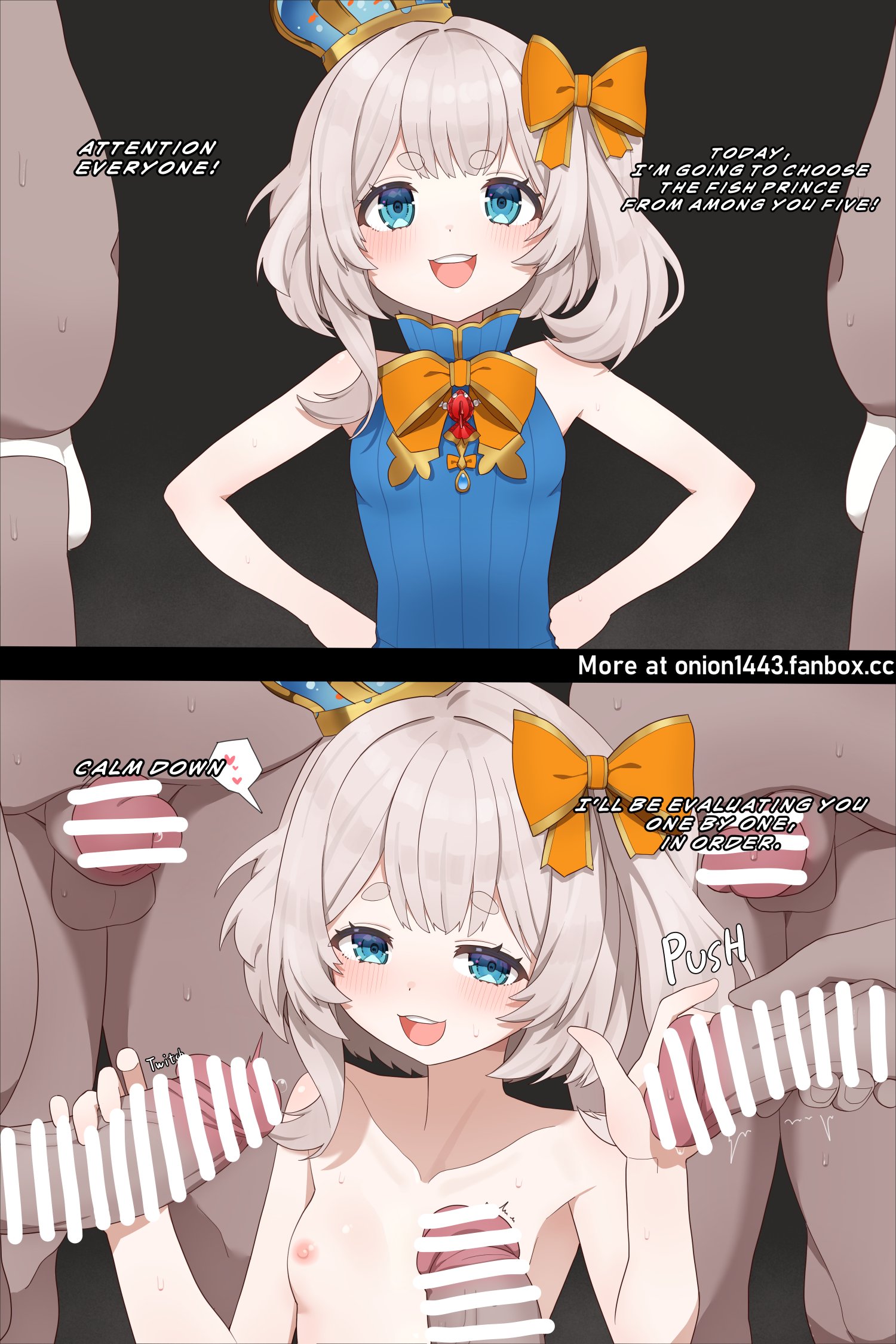 1girls, 2koma, 5boys, bar censor, blue dress, blue eyes, bow, breasts, censored, collarbone, comic, commentary, convention, crown, dark penis, dark skin, dark-skinned male, dialogue, dress, english commentary, english text, excessive censorship, fat male, female, five guys, grey hair, hairbow, handjob, hands on own hips, highres, light skin, light-skinned female, male, male/female, marimari en, medium hair, multiple boys, multiple males, nipples, onion (tamanegi), open mouth, orange bow, penis, phase connect, phase invaders, phase invaders quest, ribbed dress, sleeveless, sleeveless dress, small breasts, speech bubble, straight, surrounded by penises, teeth, thick eyebrows, upper teeth only, virtual youtuber, vtuber