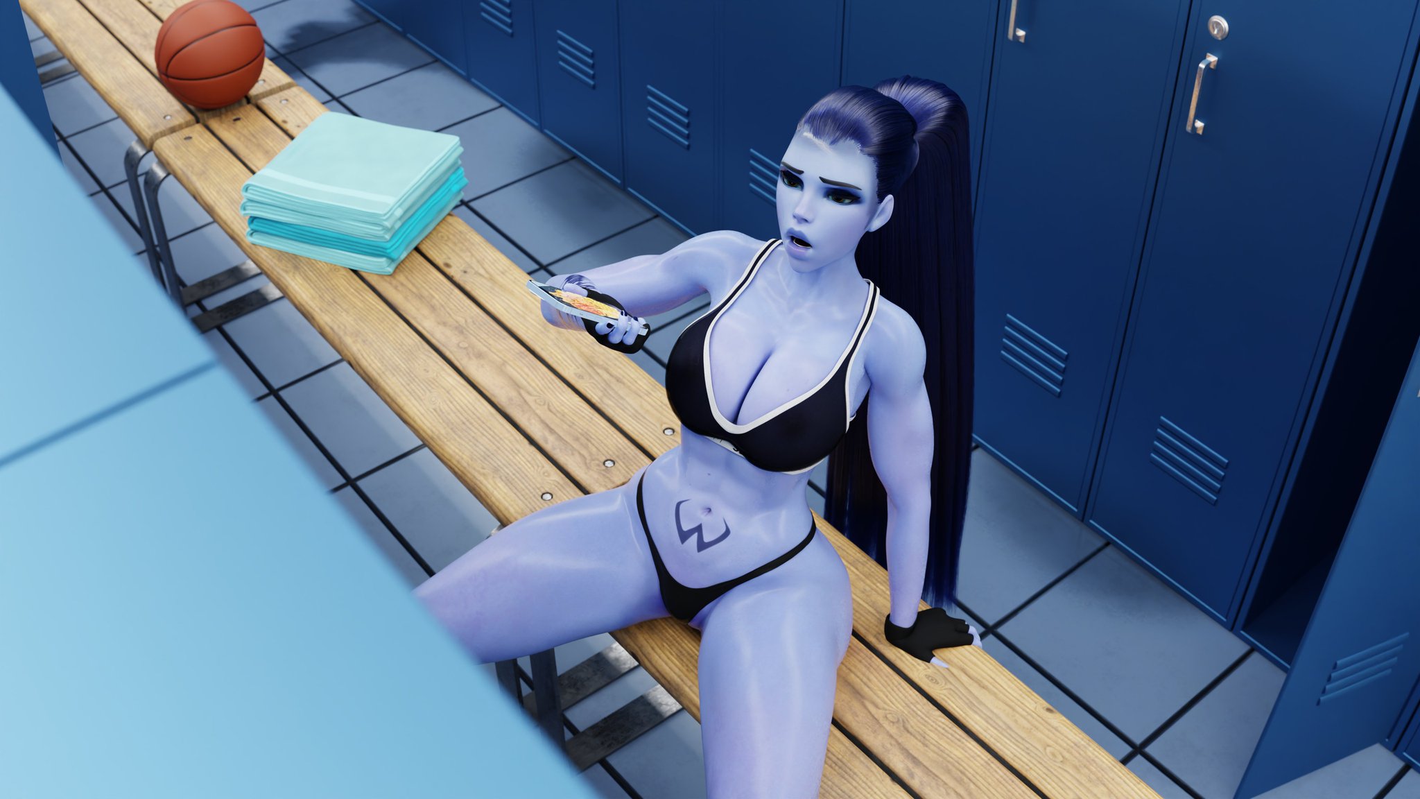 1girls, 3d, 3d (artwork), 3d background, 3d model, after exercise, after training, almost naked, almost nude, ass, banking, bare arms, bare back, bare legs, bare midriff, bare shoulders, bare thighs, basketball (ball), beautiful, belly, belly button, big ass, big breasts, big butt, blizzard entertainment, bottom heavy, bottomwear, bra, breasts, cellphone, clavicle, cleavage, cleavage cutout, cleavage window, collarbone, curvy, curvy female, curvy figure, eyebrows, eyelashes, female, female focus, female torso, fit, fit male, fitness body, french, gloves, hip lines, hourglass figure, hourglass figured female, large ass, large boobs, large breasts, large butt, lingerie, lips, locker, locker room, lockers, long hair, looking away, makeup, male, mature, mature female, mature woman, midriff, midriff peek, navel, overwatch, panties, ponytail, purple body, purple hair, revealing clothes, shiny hair, shiny skin, sitting, slayed.coom, sole female, sports bra, sports bra lift, sportswear, sweat, sweaty ass, sweaty body, sweaty boobs, sweaty breasts, sweaty butt, talking to another, tattoo, tattoo on belly, thick, thick ass, thick butt, thick hips, thick legs, thick lips, thick thighs, thighhighs, thong, thong panties, tight clothes, tight clothing, tight thong, tight topwear, toned, toned body, toned female, toned stomach, top heavy, topwear, towel, underwear, useless clothing, very long hair, voluptuous, voluptuous female, wide hipped female, wide hips, wide thighs, widowmaker, without knowing, yellow eyes