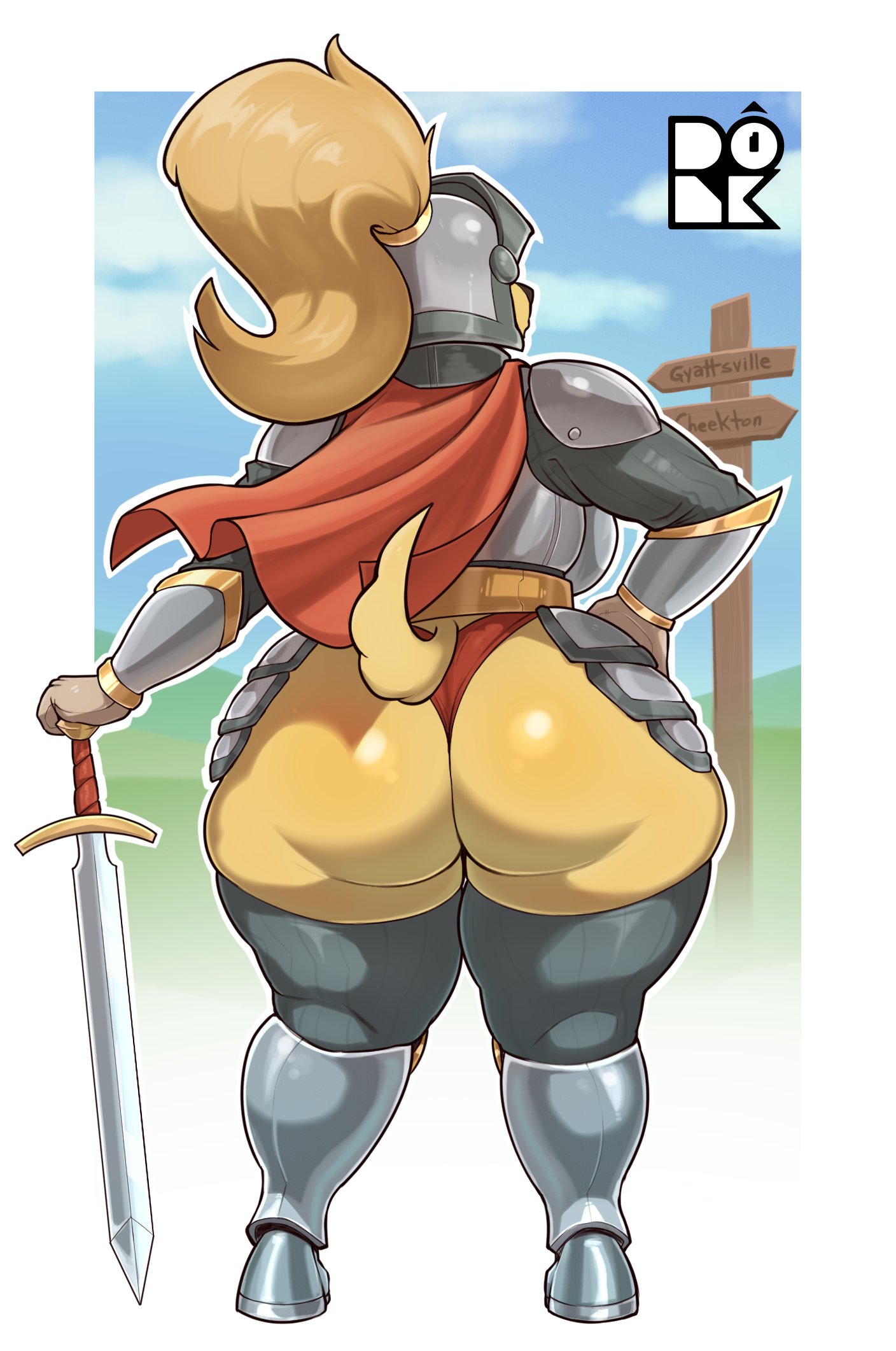 2d, amelia steelheart, armor, ass, back to viewer, big ass, canine, donkles, female, furry, furry female, furry only, knight, looking away from viewer, no genitals, no pants, no sex, nonhuman, oc, panties, short tail, solo, solo female, sword, tagme, tail, thick ass, underwear, weapon, wide hips, yellow fur