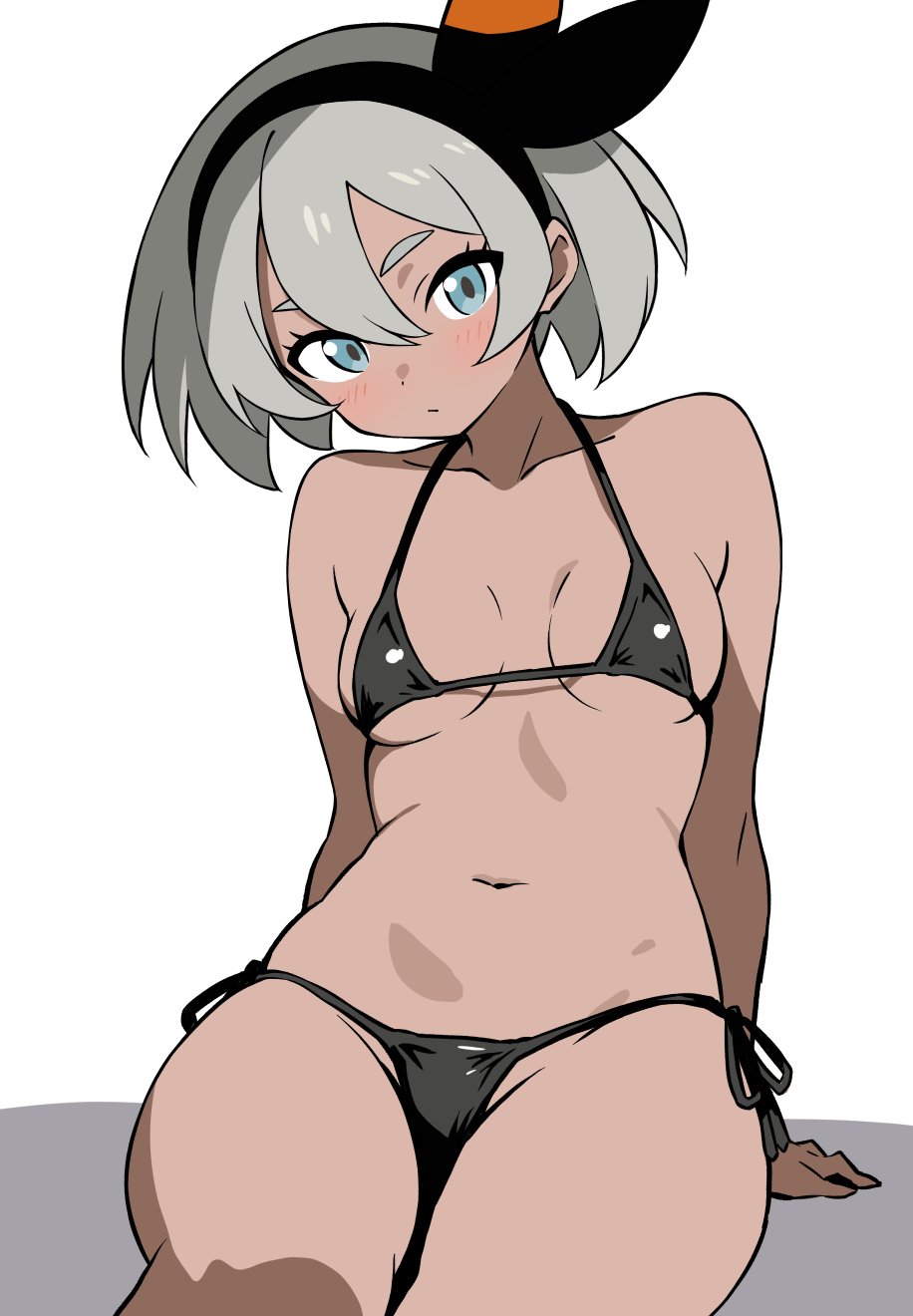 bea (pokemon), bikini, black bikini, black hairband, blue eyes, bow hairband, breasts, collarbone, dark skin, dark-skinned female, ecgg (tsuji418477), female, grey hair, hairband, highres, looking at viewer, navel, nintendo, pokemon, pokemon swsh, short hair, side-tie bikini bottom, simple background, sitting, small breasts, solo, stomach, swimsuit, white background