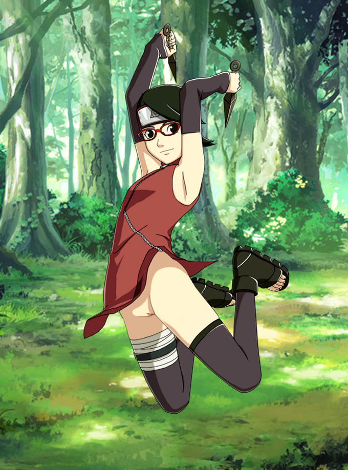 1girls, accurate art style, armpits, black eyes, black hair, black socks, boots, boruto: naruto next generations, bottomless, breasts, clothed, clothing, edit, female, female only, forest, hairless pussy, human, innie pussy, naruto, naruto (series), no panties, nude filter, pussy, sarada uchiha, short hair, small breasts, smile, socks, solo, solo focus, stirrup legwear, thigh socks, thighhighs, toeless socks, vagina, weapon