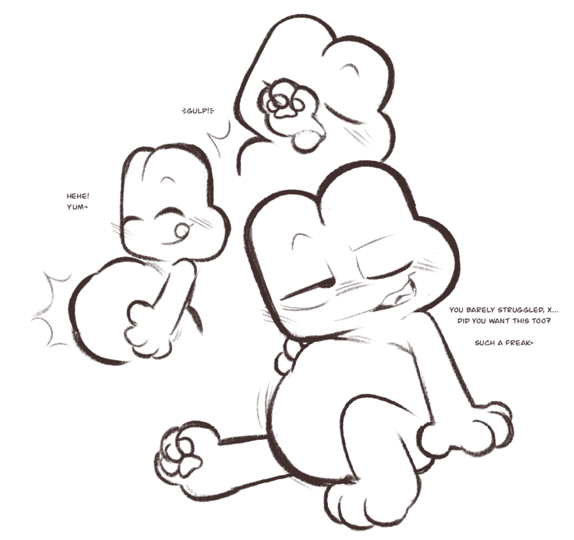 algebralien, anthro, anthro on anthro, anthro only, battle for dream island, bfdi, four (bfb), furry, furry on furry, furry only, hyper, hyper belly, labbit1337, monochrome, object shows, same size vore, stonerobjectum, swallowing, vore, vore belly, x (bfb)