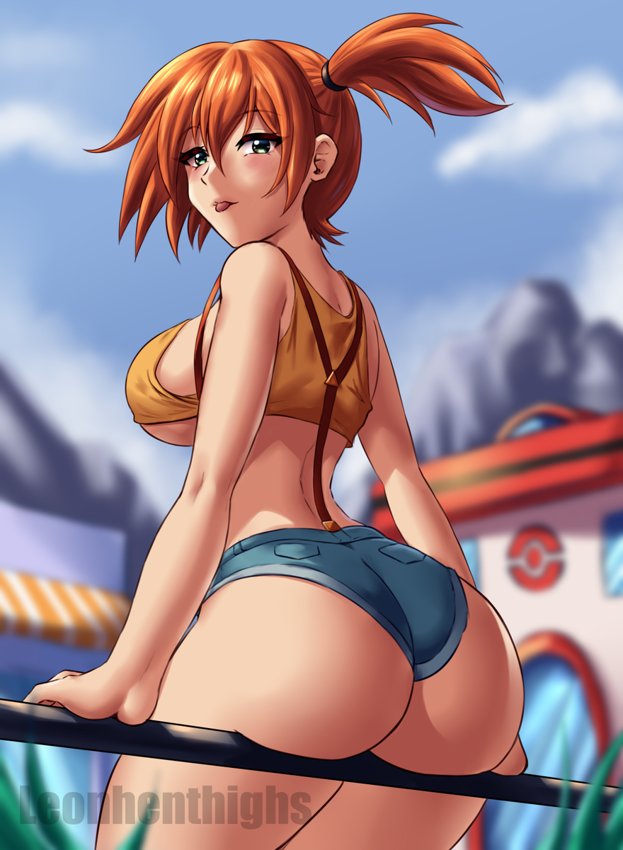 :p, arm support, ass, asymmetrical hair, bare shoulders, blue sky, blurry, blush, breasts, cloud, crop top, day, denim, denim shorts, female, female focus, from behind, gen 1 pokemon, green eyes, gym leader, hair between eyes, highres, huge ass, kasumi (pokemon), large breasts, legs, leonart, looking at viewer, looking back, micro shorts, midriff, misty (pokemon), nintendo, orange hair, outdoors, pokemon, pokemon (anime), pokemon (classic anime), ponytail, shirt, short hair, short shorts, shorts, side ponytail, sideboob, sitting, sky, sleeveless, solo, suspender shorts, suspenders, tank top, thick thighs, thighs, tongue, tongue out, underboob, wide hips, yellow shirt, yellow tank top
