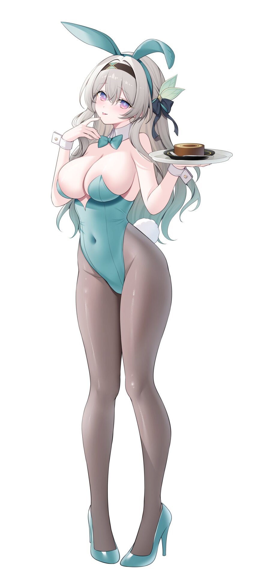 1girls, areolae slip, breasts, bunnysuit, cleavage, fake animal ears, fake rabbit ears, fake tail, firefly (honkai: star rail), gradient hair, hair ornament, headband, high heels, honkai (series), honkai: star rail, large breasts, looking at viewer, miko (royal milk), multicolored eyes, pantyhose, plate, simple background, voluptuous, voluptuous female, white background