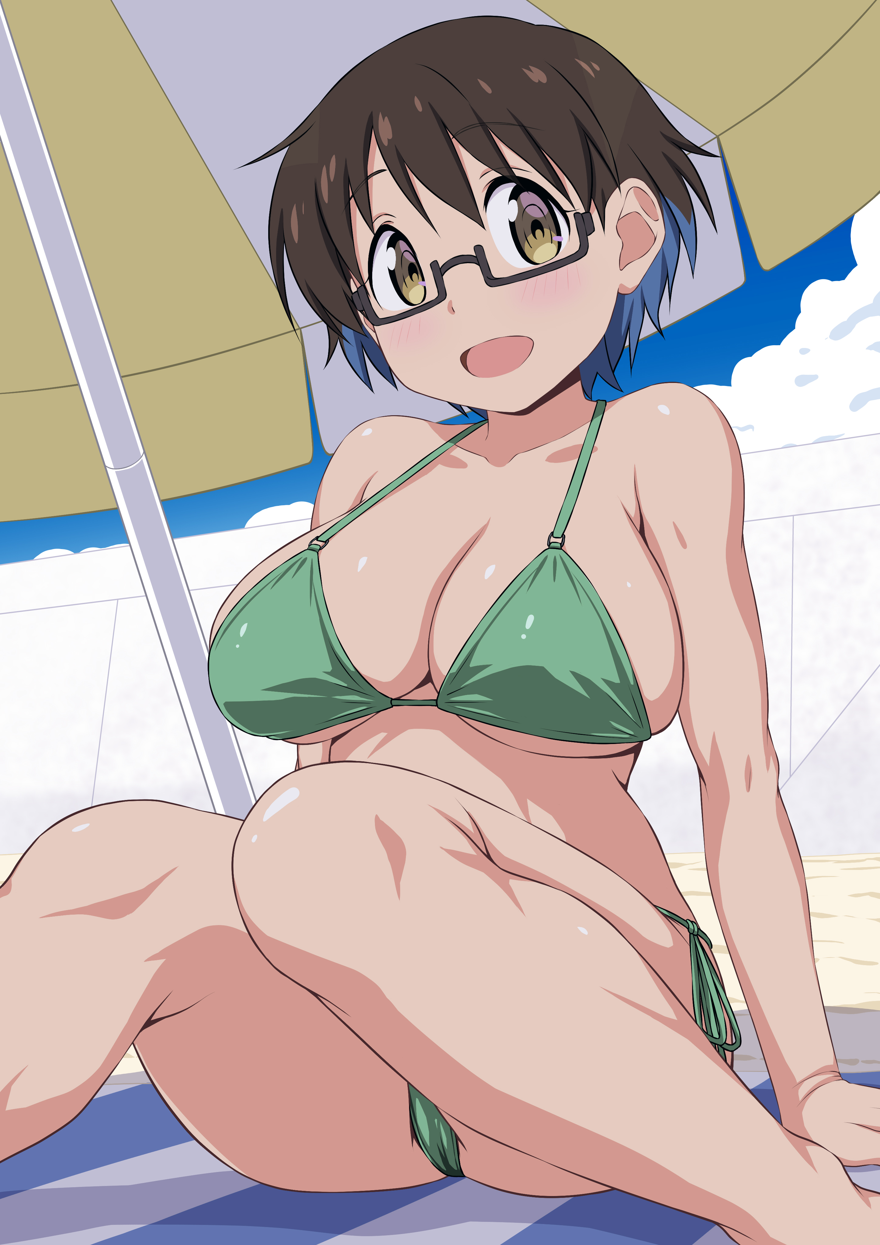 absurdres, bikini, black-framed eyewear, blue hair, breasts, brown hair, commentary request, female, green bikini, highres, imari youko, large breasts, looking at viewer, multicolored hair, nori tamago, open mouth, parasol, ruri no houseki, semi-rimless eyewear, short hair, side-tie bikini bottom, sitting, solo, swimsuit, two-tone hair, umbrella, under-rim eyewear, very short hair