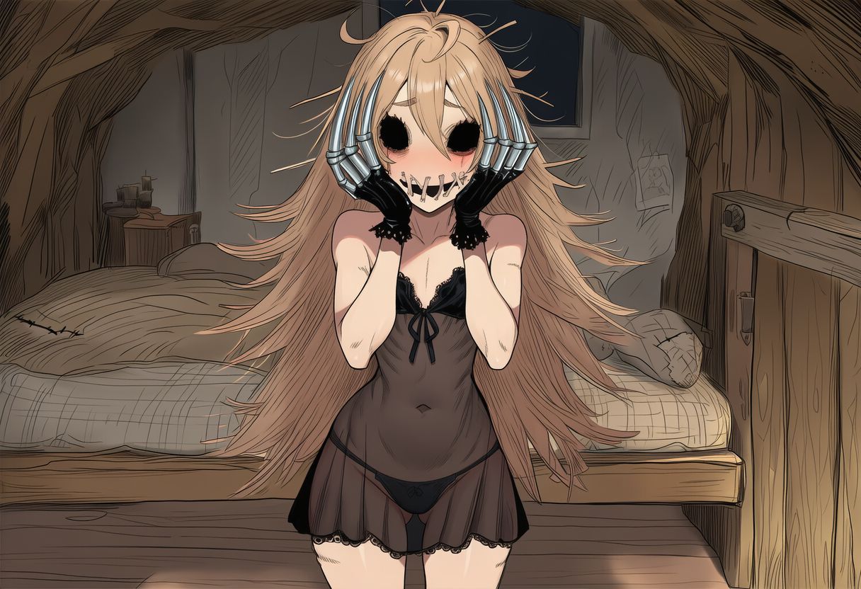 1girls, ai generated, breasts, claws, clothed, female, flat chest, gloves, hand on face, hollow eyes, horror, horror (theme), kaela (paigen), light brown hair, long hair, looking at viewer, metal claws, monster girl, negligee, nightgown, no eyes, original, original character, paigen, scarecrow, scarecrow girl, skinny, stitched mouth, stitches, underwear