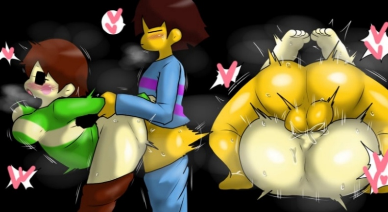 ass, blush, bottomless, breasts, chara, doggy style, enigi09, female, female chara, frisk, frisk (undertale), furry, heart, male, male frisk, mating press, open mouth, sex, sex from behind, short hair, speech bubble, spoken heart, straight, thighhighs, undertale, undertale (series), yellow skin