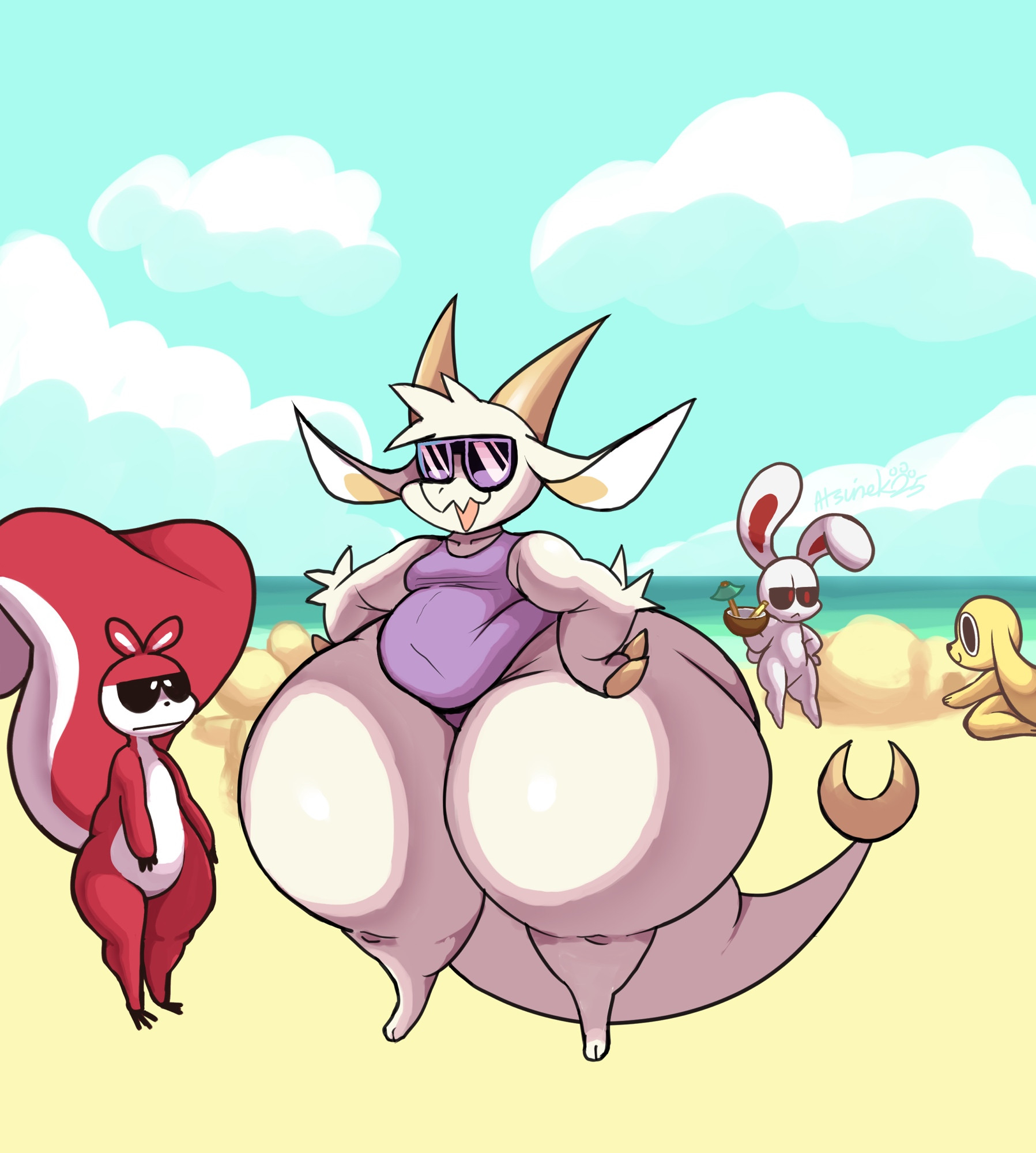 anthro, atsuinekowo, big ass, bubble butt, chikn nuggit, chikn nuggit (chikn nuggit), chubby, clothing, furry, fwench fwy (chikn nuggit), group, hawt saus (chikn nuggit), hi res, huge ass, iscream (chikn nuggit), one-piece swimsuit, overweight, tagme, thick thighs, wide hips