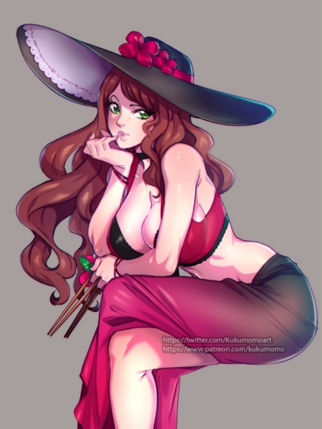 breasts, brown hair, cleavage, dorothea arnault, female, fire emblem, flower, food, green eyes, hat, hat flower, kukumomo, large breasts, long hair, solo, wide brim hat