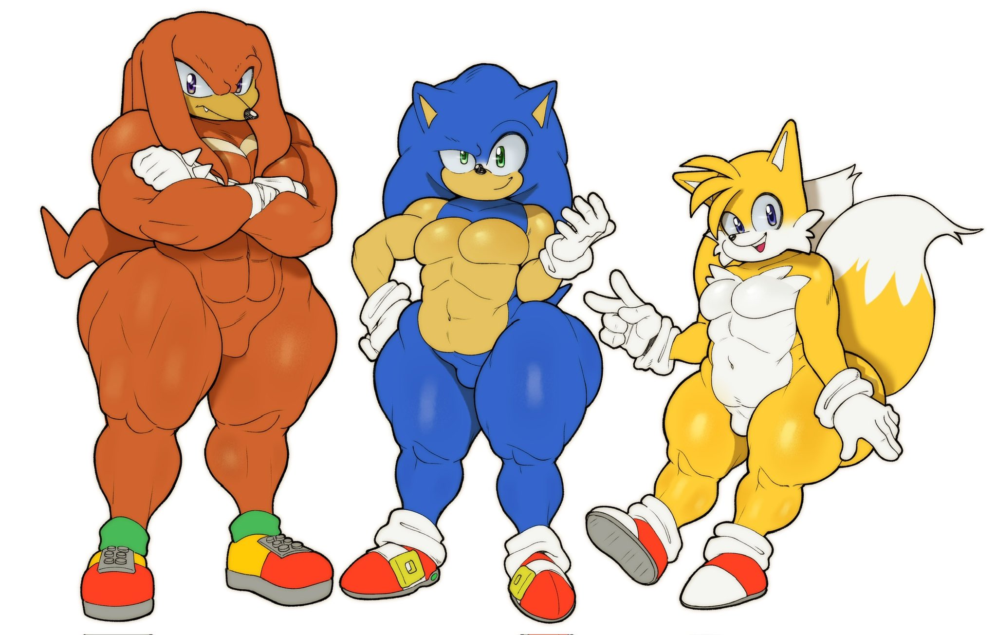 3boys, abs, anthro, ass, big ass, big butt, curvy, echidna, featureless crotch, femboy, fox, furry, furry only, hedgehog, knuckles the echidna, male, male only, miles prower, muscular, muscular male, muscular thighs, nattonsfw, sonic (series), sonic the hedgehog, sonic the hedgehog (series), tail, tails, tails the fox, thick thighs, wide hips