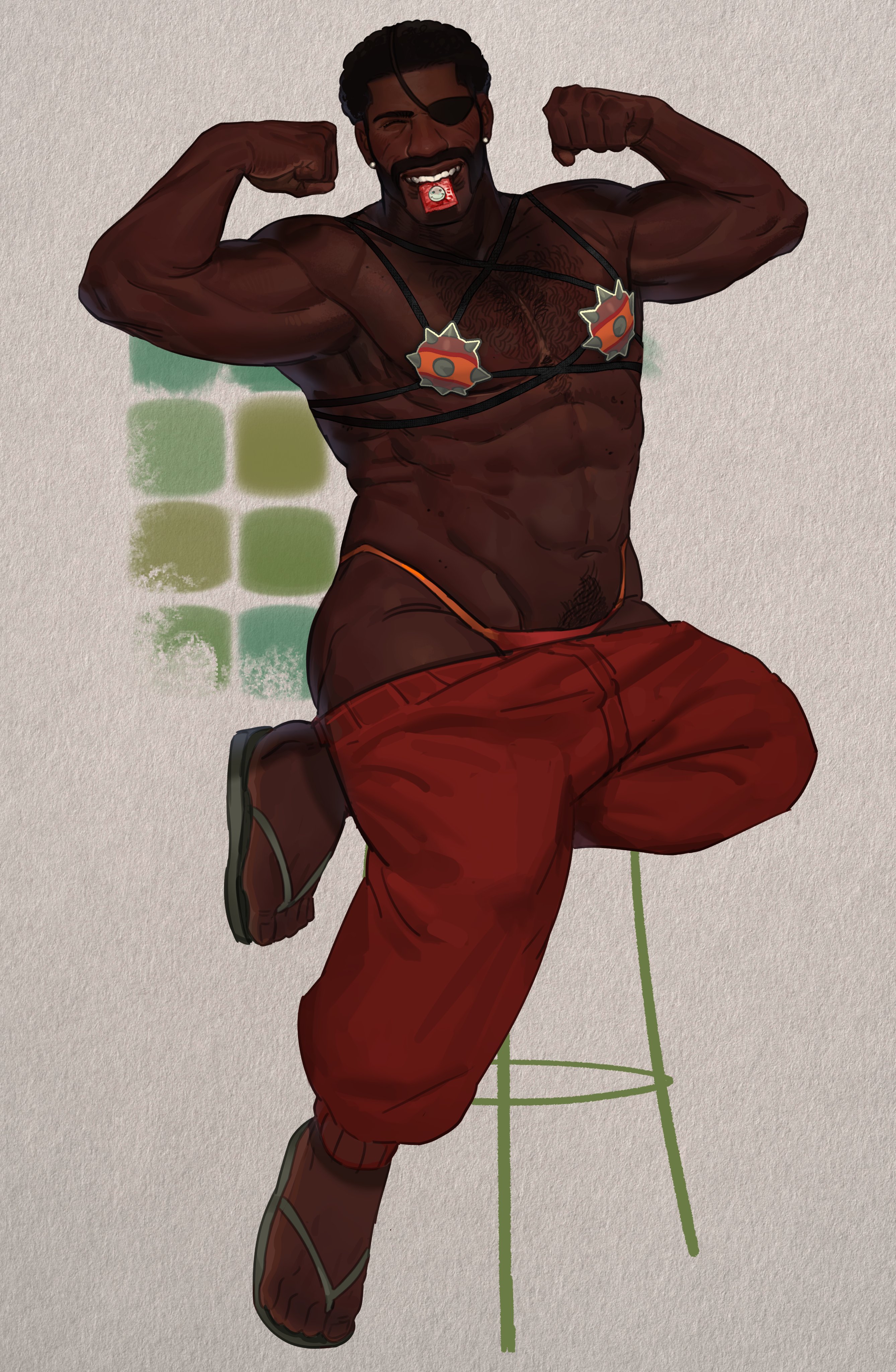 1boy, artistic, artistic nude, averageludwig, bara, biceps, bikini, bikini bottom, bikini top, body hair, censored, crossdressing, dark skin, dark-skinned male, demoman (team fortress 2), digital drawing (artwork), digital media (artwork), european, european male, flexing, flexing bicep, hair, hairy chest, hairy male, human, human only, male, male focus, male only, mammal, mature, mature male, muscular, muscular arms, muscular legs, muscular male, muscular thighs, no visible genitalia, nonsexual, nonsexual nudity, pants down, pecs, pecs focus, posing, posing for the viewer, pubes, pubic hair, pubic hair peek, pubic stubble, revealing clothes, scotsman, scottish, scottish boy, scottish male, shirt, shirtless, shirtless (male), shirtless male, solo, solo focus, solo male, tasteful, tasteful nudity, team fortress 2, topless, topless male, wholesome, wholesome nudity
