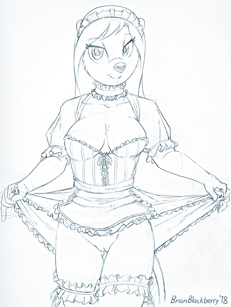 2018 annie_(brian_mcpherson) anthro beaver bottomless breasts brian_mcpherson cleavage clothed clothing collar female maid_uniform mammal monochrome nude pussy rodent sketch uniform