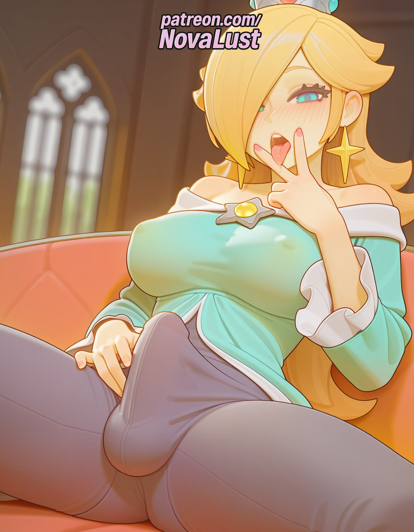 1boy, 1futa, 2025, ai generated, artist name, bare shoulders, blonde hair, blush, bulge, crown, dress, earrings, futanari, hair over one eye, hi res, high quality, high resolution, highres, intersex, jewelry, long hair, male, mario (series), nintendo, novalust, off shoulder, patreon, patreon username, princess rosalina, solo, stable diffusion, star (symbol), star earrings, watermark
