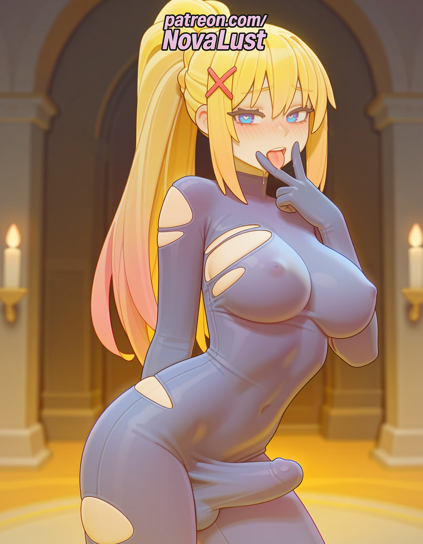 1futa, 2025, ai generated, artist name, balls, blonde hair, blue eyes, blurry, blurry background, blurry foreground, blush, bodystocking, bodysuit, breasts, bulge, bust, chest, cock, covered nipples, darkness (konosuba), depth of field, dick, erection, erection under clothes, foreskin, futanari, hair ornament, heart cutout, heart-shaped pupils, hi res, high quality, high resolution, highres, intersex, kono subarashii sekai ni shukufuku wo!, long hair, looking at viewer, motion blur, novalust, open mouth, patreon, patreon username, penis, ponytail, solo, stable diffusion, symbol-shaped pupils, testicles, torn bodysuit, torn clothes, torn legwear, torn leotard, torn pants, torn shirt, torn swimsuit, uncircumcised, watermark