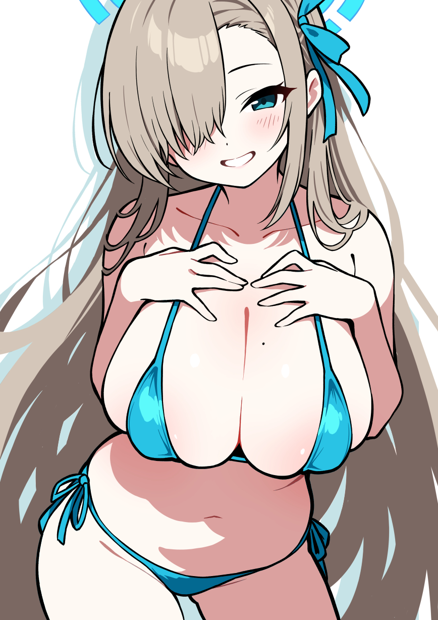 alternate costume, aqua bikini, asuna (blue archive), bikini, blue archive, blue eyes, blue halo, blue ribbon, blush, breasts, brown hair, cleavage, collarbone, commentary, cowboy shot, drop shadow, ecgg (tsuji418477), female, hair over one eye, hair ribbon, halo, hands on own chest, highres, large breasts, leaning forward, long hair, looking at viewer, micro bikini, mole, mole on breast, navel, paid reward available, parted lips, ribbon, side-tie bikini bottom, simple background, smile, solo, standing, swimsuit, very long hair, white background