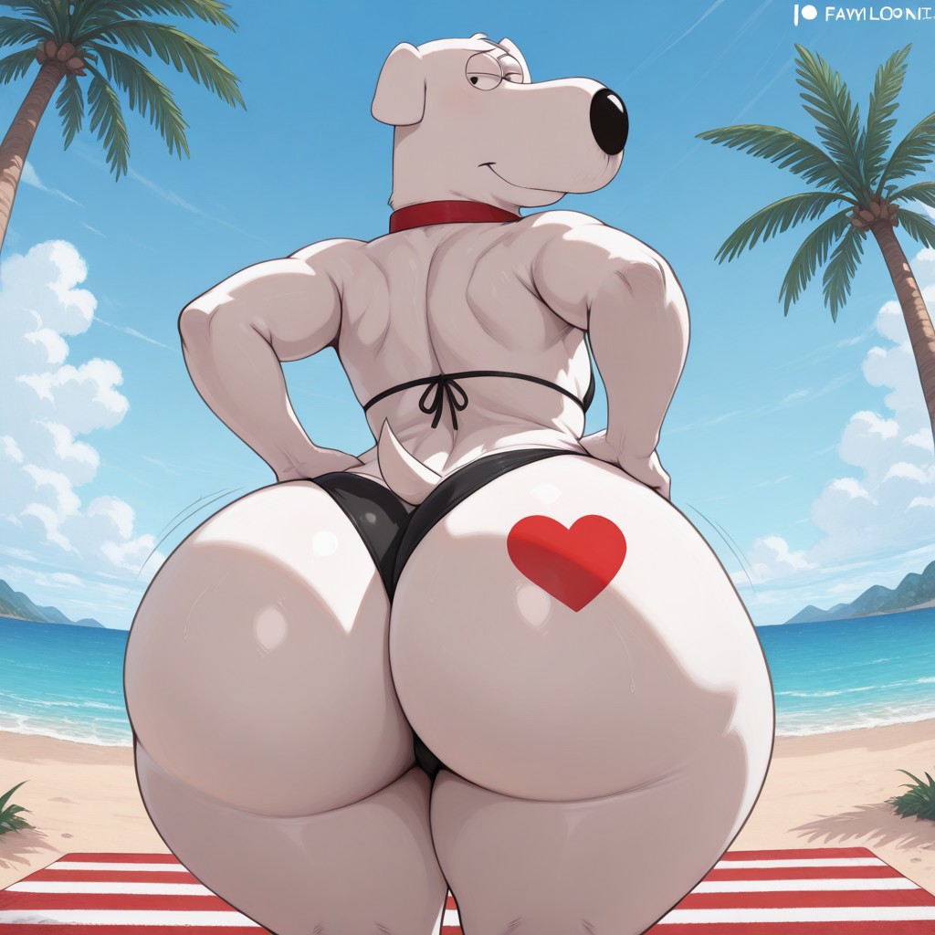 2025, 20th century fox, 20th century studios, ai generated, anthro, beach, big ass, big ass (male), big booty, big butt, bikini, brian griffin, bubble ass, bubble butt, butt tattoo, canid, canine, canis, domestic dog, family guy, fat ass, furry, gay, male, massive ass, seth macfarlane, tattoo