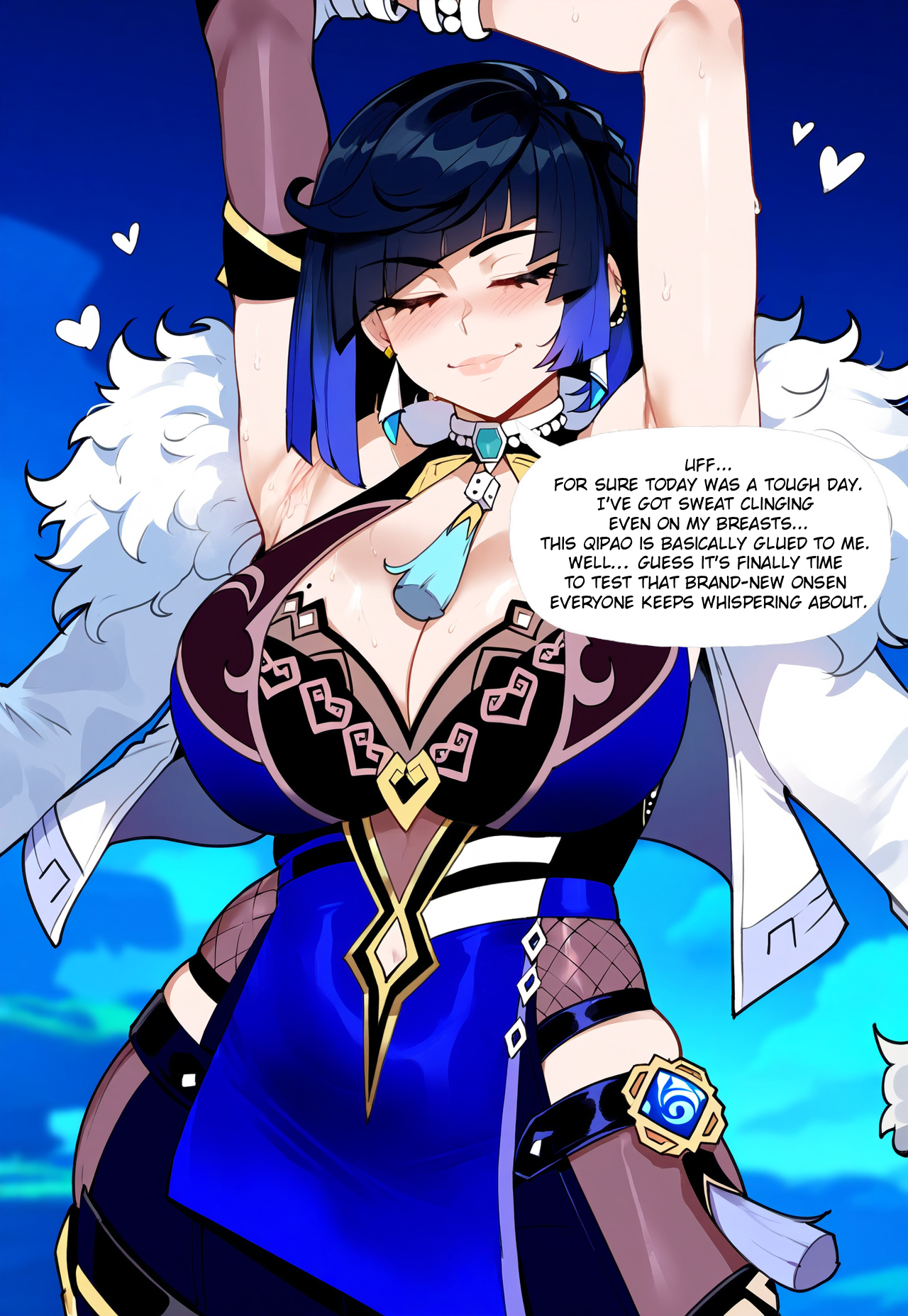 ai generated, female, genshin impact, juuicyai, text bubble, yelan (genshin impact)