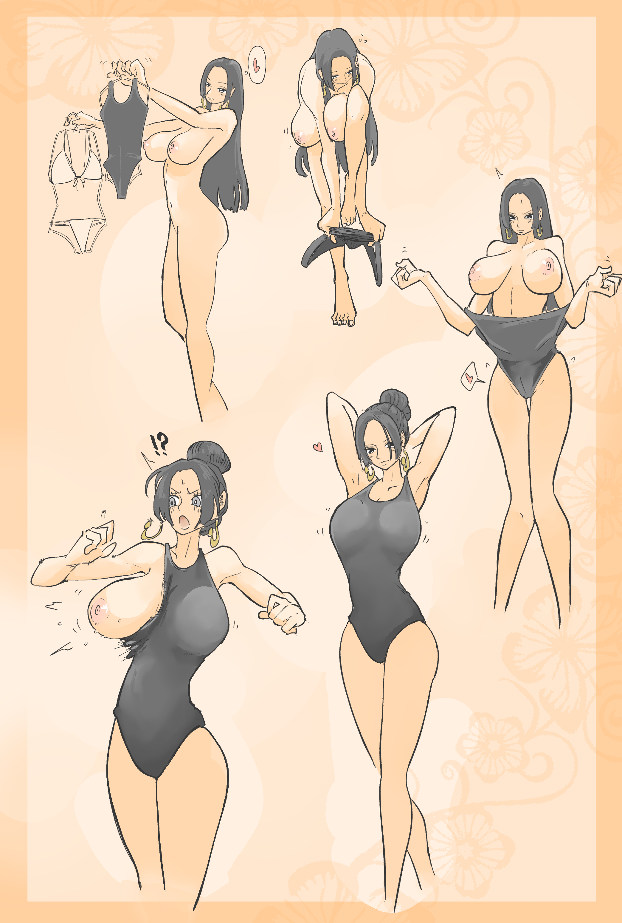 1girls, areolae, ass, big breasts, bikini, black hair, black-haired female, blush, boa hancock, breasts, breasts out of clothes, clothing, clothing malfunction, curvy female, female, female focus, female only, getting dressed, huge breasts, inconvenient breasts, large breasts, light skin, light-skinned female, long hair, long legs, middlefing1111, nipples, nude, one piece, one-piece swimsuit, perky breasts, pink nipples, solo, solo female, solo focus, swimsuit, undersized clothes, wardrobe malfunction