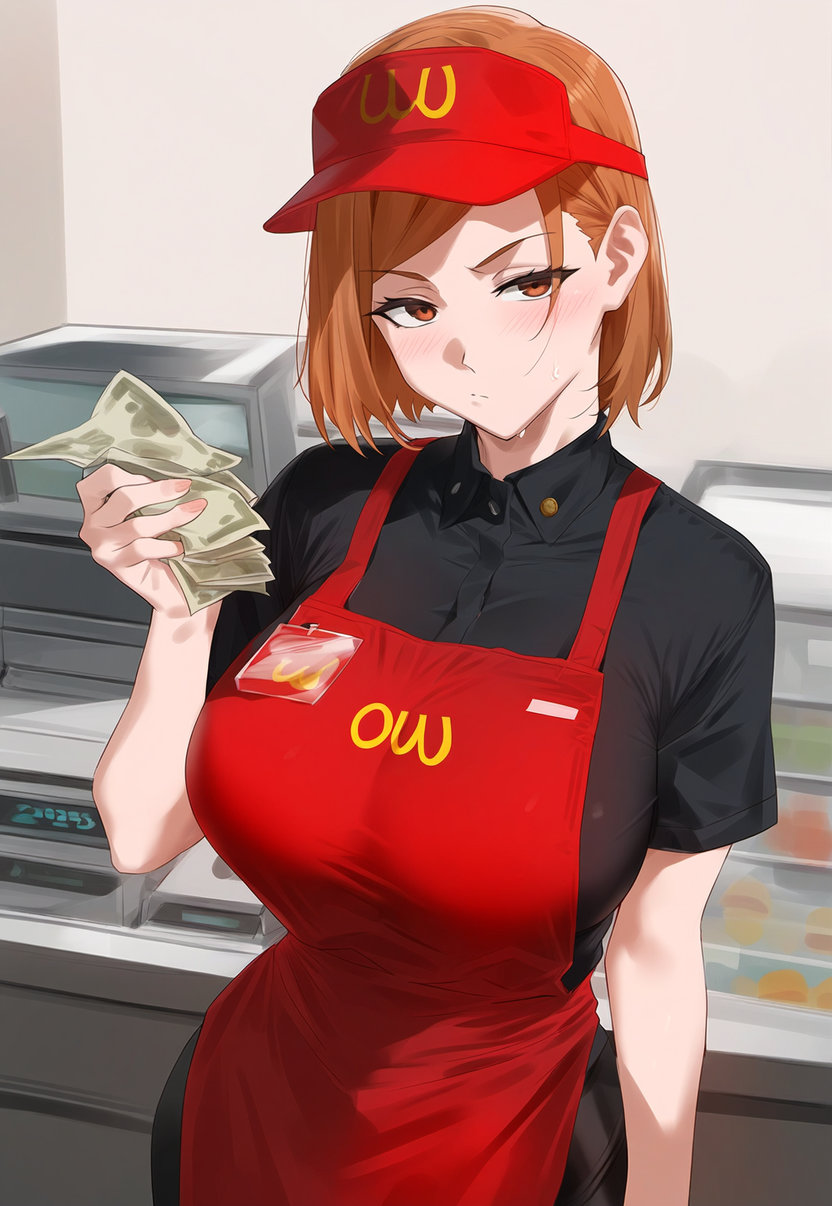 1girls, ai generated, big breasts, breasts, brown eyes, brown hair, fast food, female, hair, jujutsu kaisen, kugisaki nobara, light skin, light-skinned female, money, nobara lover, nobaralover, short hair, solo, solo female