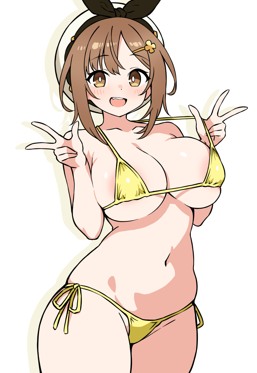 areola slip, atelier (series), atelier ryza, atelier ryza 1, bikini, breasts, brown hair, double v, ecgg (tsuji418477), female, hat, highres, large breasts, looking at viewer, open mouth, reisalin stout, short hair, simple background, smile, swimsuit, v, white background, white hat, yellow bikini