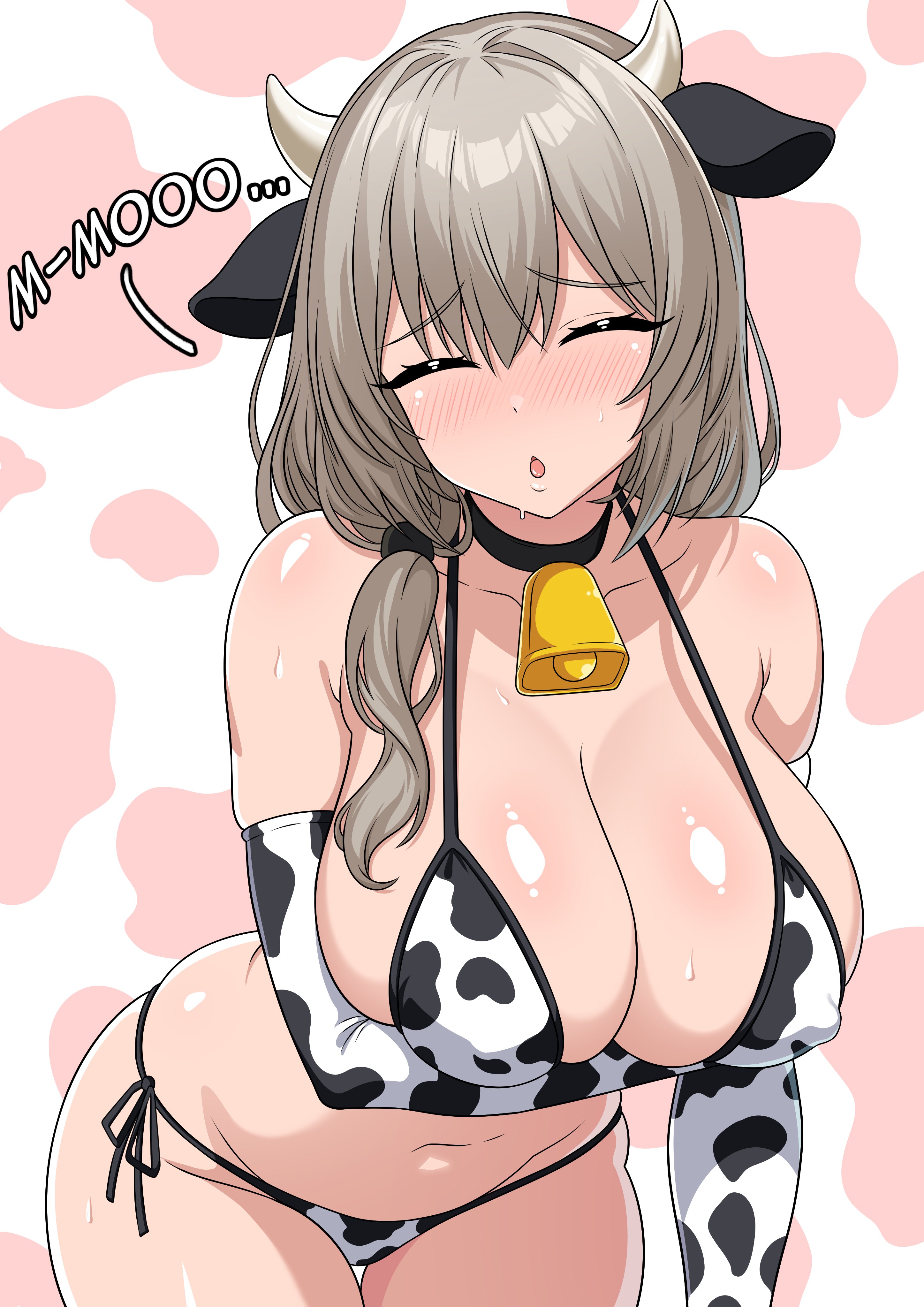 1girls, arm under breasts, armwear, bell, bell collar, big breasts, bikini, bikini bottom, bikini top, blush, bottomwear, breasts, cleavage, closed eyes, collar, collar bell, cow bell, cow bell collar, cow bikini, cow ears, cow horns, cow print, cow print armwear, cow print bikini, cow print gloves, cowbell, cowkini, elbow gloves, english, english text, fake animal ears, female, female only, gloves, grey hair, hair, hips, horns, hucow, huge breasts, mature, mature female, mature woman, milf, mother, neckwear, nipple bulge, revealing clothes, solo, solo female, swimwear, text, theoiledone, topwear, uzaki tsuki, uzaki-chan wa asobitai!