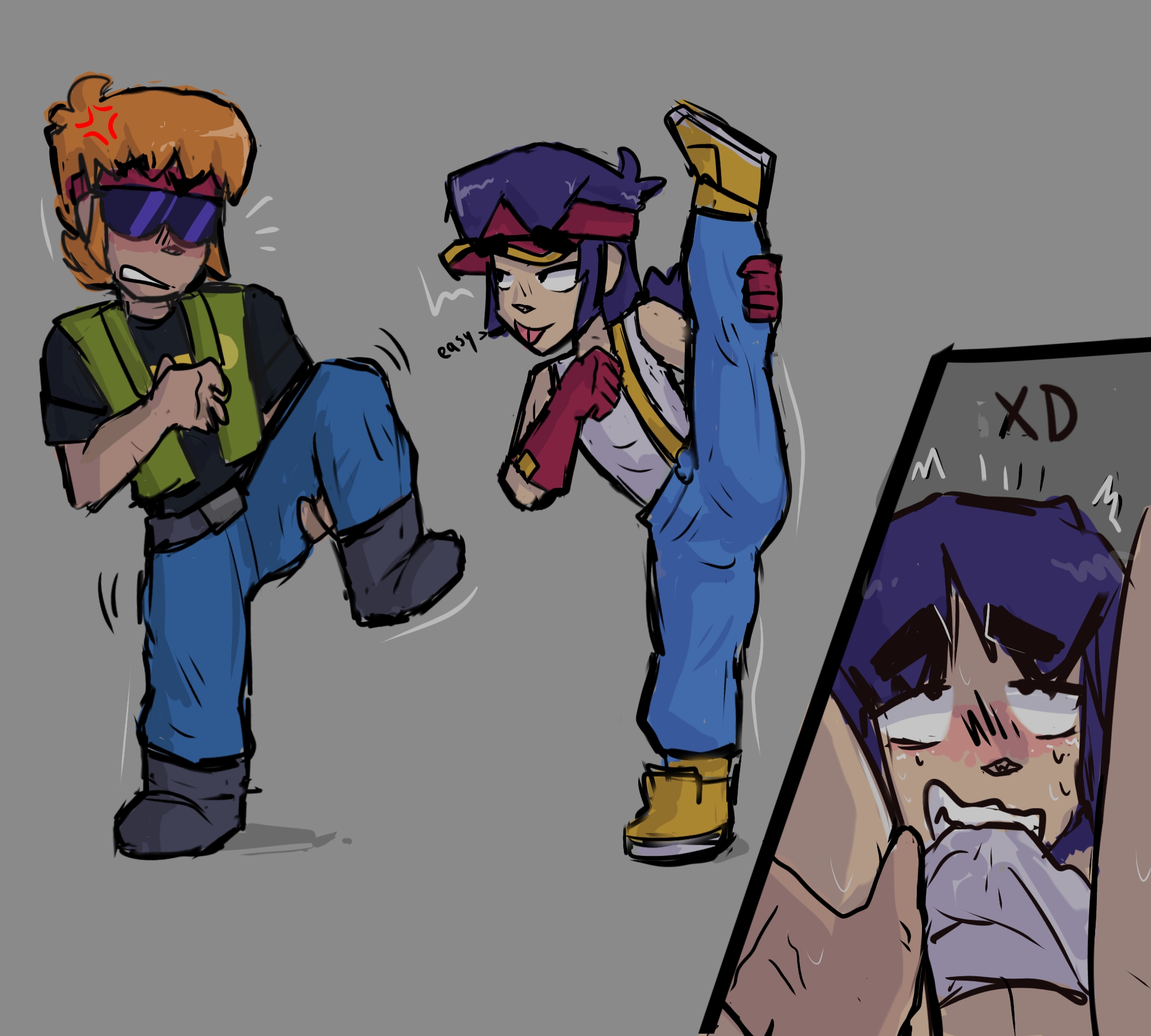 2boys, adzi5, ahe gao, best friends, brawl stars, buster (brawl stars), fang (brawl stars), femboy, flexible, flexible male, gay sex, male, orange hair, pose, pov, purple hair, sketch