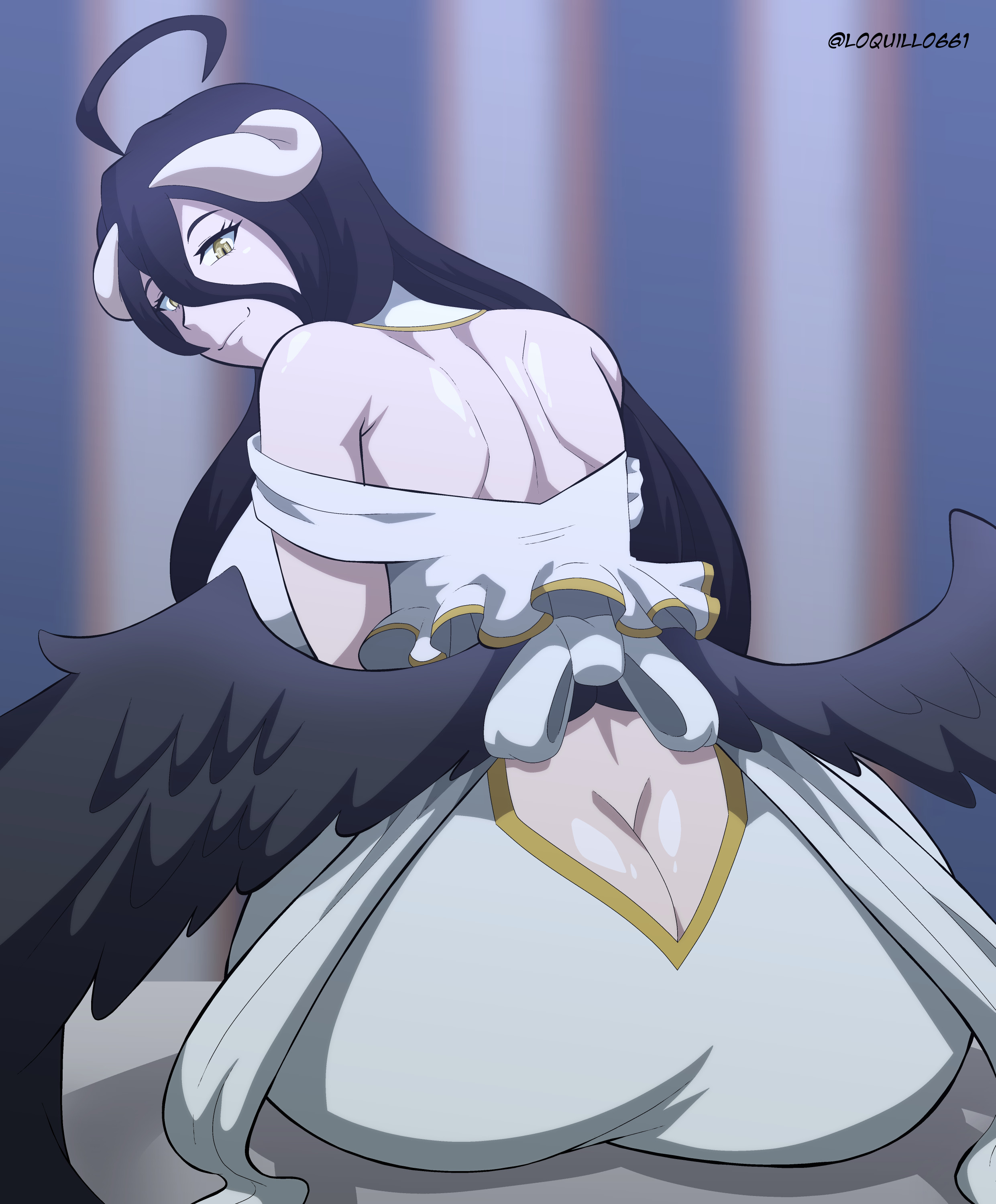 1girls, ahoge, albedo (overlord), ass, ass crack, ass focus, ass window, bare back, big butt, black hair, breasts, butt crack, butt focus, dress, female, female only, horns, long hair, looking back, loquillo, overlord (maruyama), pale skin, pale-skinned female, yellow eyes