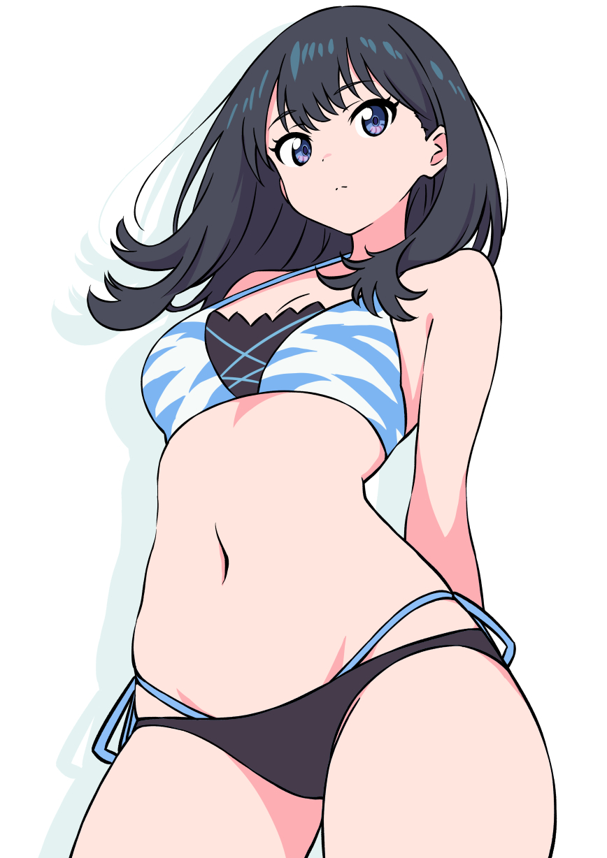 animal print, arms behind back, bikini, black eyes, black hair, blue eyes, contrapposto, cowboy shot, ecgg (tsuji418477), female, gridman universe, highres, layered bikini, long hair, mismatched bikini, multi-strapped bikini bottom, orange scrunchie, scrunchie, side-tie bikini bottom, simple background, solo, ssss.gridman, swimsuit, takarada rikka, tiger print, white background