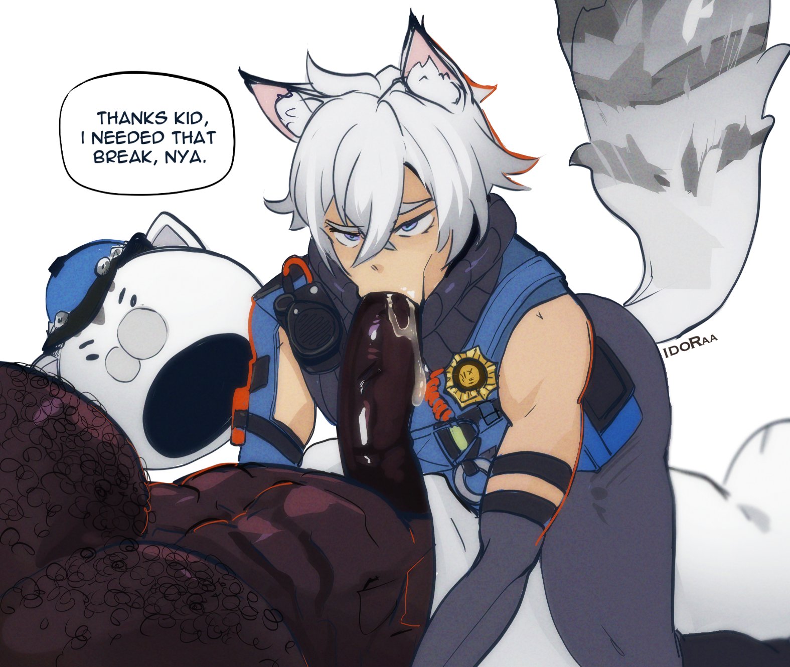 :>=, 2boys, abs, animal ears, animal tail, big penis, blacked male, blowjob, blowjob face, cat ears, cat tail, catboy, chest hair, clothed, clothing, dark skin, dark-skinned male, femboy, gay, hairy, hairy chest, hairy male, idoraad, interracial, lilprincyvi, male, male focus, male only, muscular, muscular male, officer mewmew, oral, oral sex, penis, penis in mouth, seth lowell, shirtless, shirtless male, size difference, sucking, sucking penis, tail, twink, veiny penis, yaoi, zenless zone zero