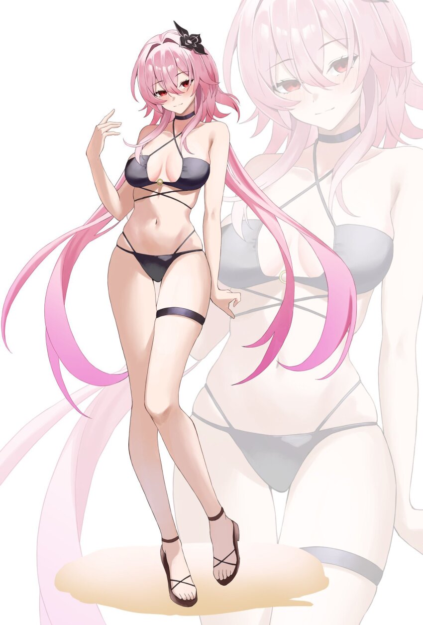 bare legs, bare shoulders, bare thighs, bikini, black bikini, breasts, collarbone, evernight (honkai: star rail), female, female only, full body, higashiwun izumi, hips, honkai: star rail, leg strap, long hair, march 7th (honkai: star rail), pink hair, red eyes, sandals, smile, smiling, solo, stomach, underwear, waist