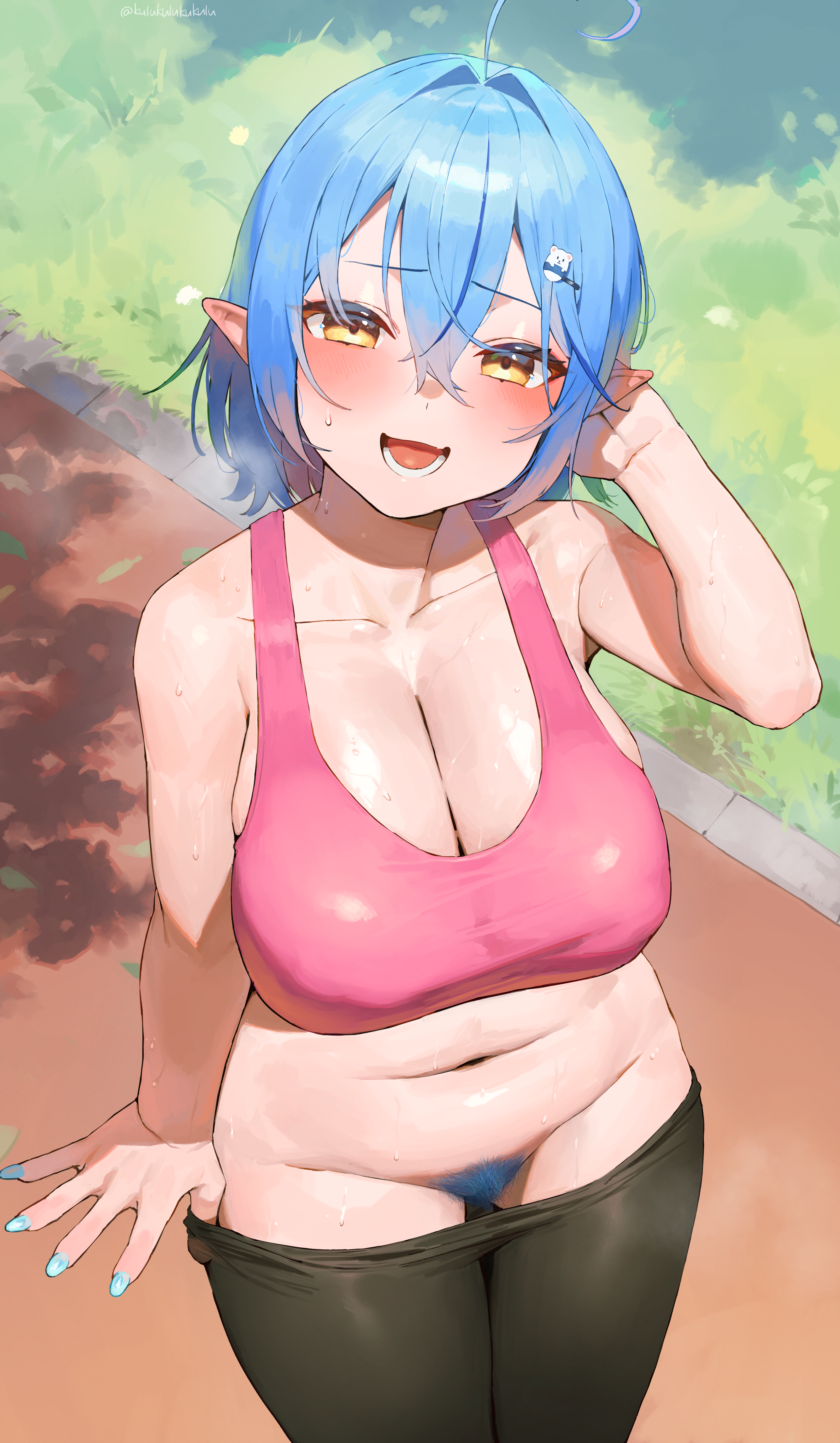1girls, absurdres, ahoge, alternate costume, alternate hairstyle, bare shoulders, black leggings, blue hair, blue nails, blue pubic hair, blush, breasts, cleavage, collarbone, colored pubic hair, commentary request, daifuku (yukihana lamy), female, female only, female pubic hair, fingernails, frikulu, hair ornament, hairclip, hand on own head, highres, hololive, hololive gen 5, hololive japan, large breasts, leggings, lifting own clothes, looking at viewer, lower teeth only, medium hair, nail polish, navel, open mouth, outdoors, pants lift, pants pull, pink sports bra, pointy ears, pubic hair, smile, solo, sports bra, stomach, sweat, teeth, thighs, tongue, twitter username, virtual youtuber, yellow eyes, yukihana lamy