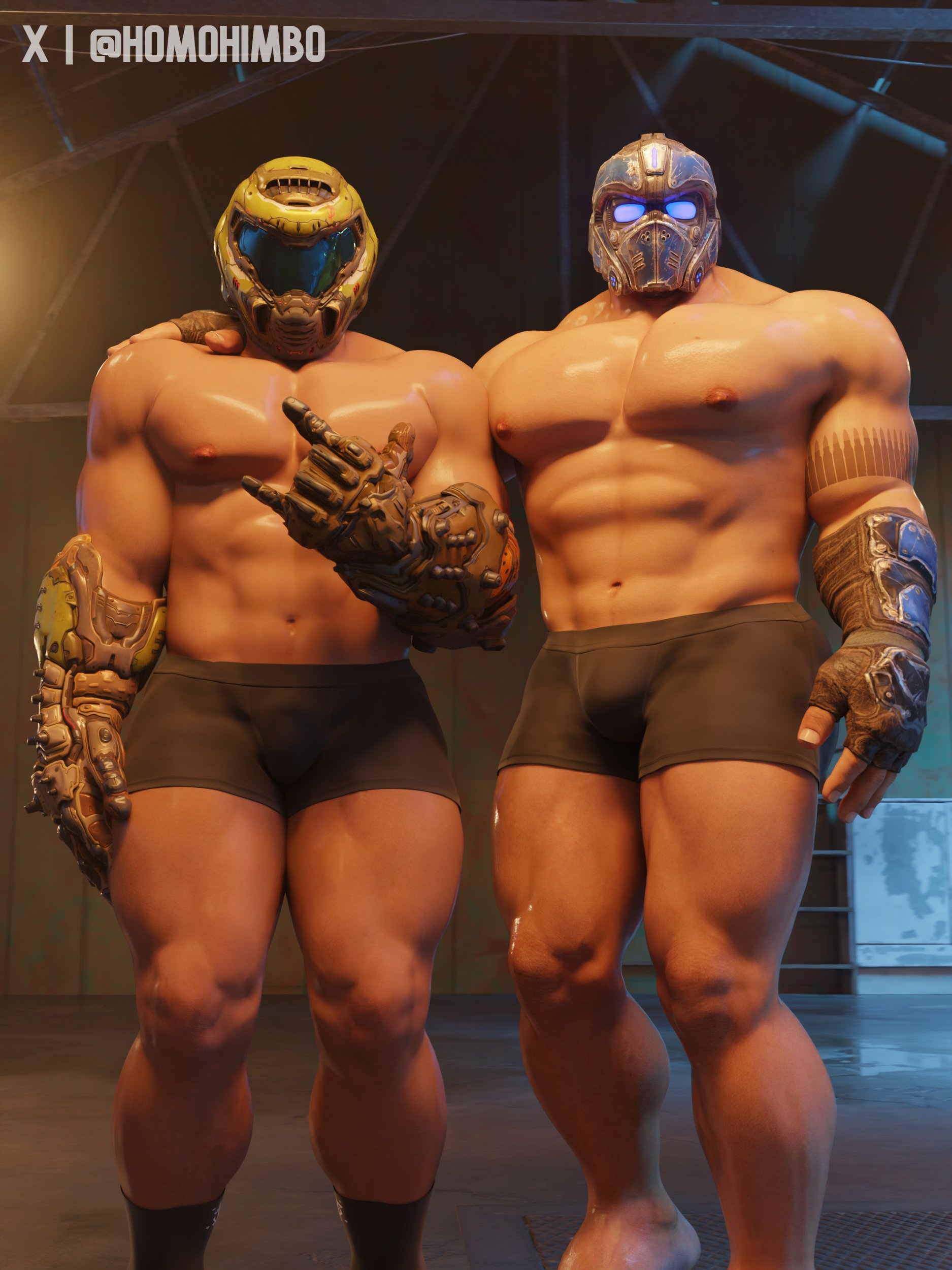 2boys, bara, black socks, black underwear, bulge, clayton carmine, crossover, doom, doom slayer (doom), gears of war, homohimbo, light skin, light-skinned male, male, male only, male/male, mask, masked, masked male, muscular, muscular male, socks, tattoo, underwear, yaoi