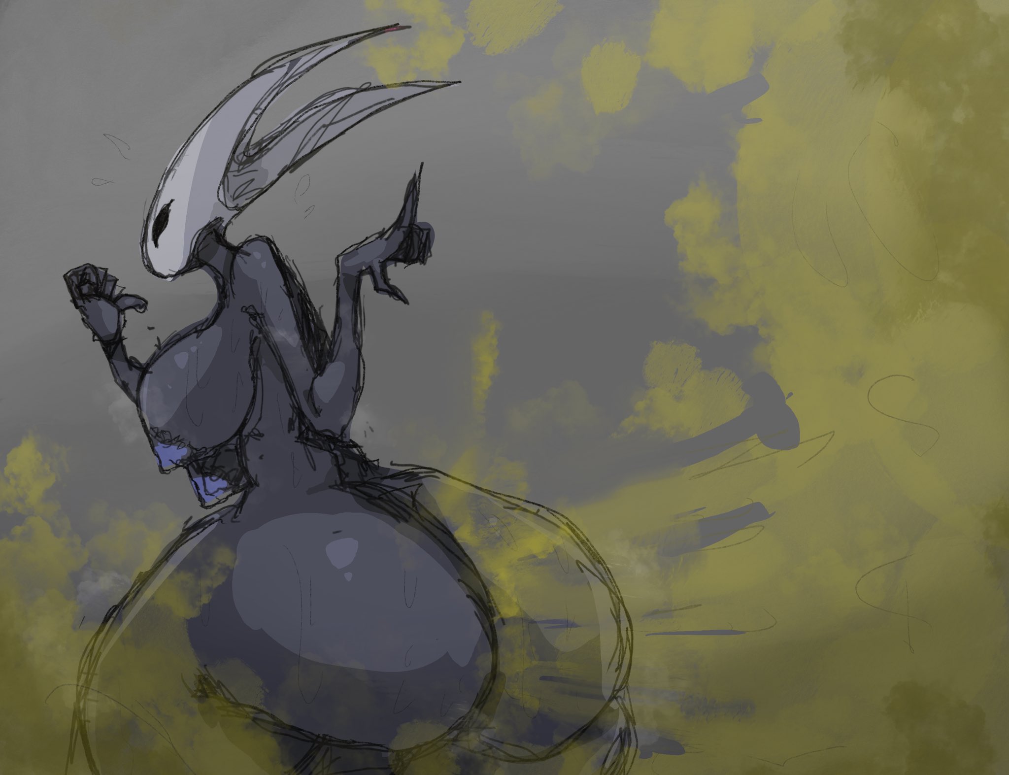 2d, ass, big ass, big breasts, big butt, big fart, black body, breasts, fart, fart cloud, fart fetish, farting, female, female fart, female only, green fart, green fart cloud, hollow knight, hollow knight: silksong, hornet (hollow knight), insects, looking back, looking back at viewer, mask, naked, nipples, nonhuman, nstar3star, nude, nude female, simple background, sketch, solo, sweat, sweating, thick ass, thick butt, thick hips, thick thighs, thighs, wide hips