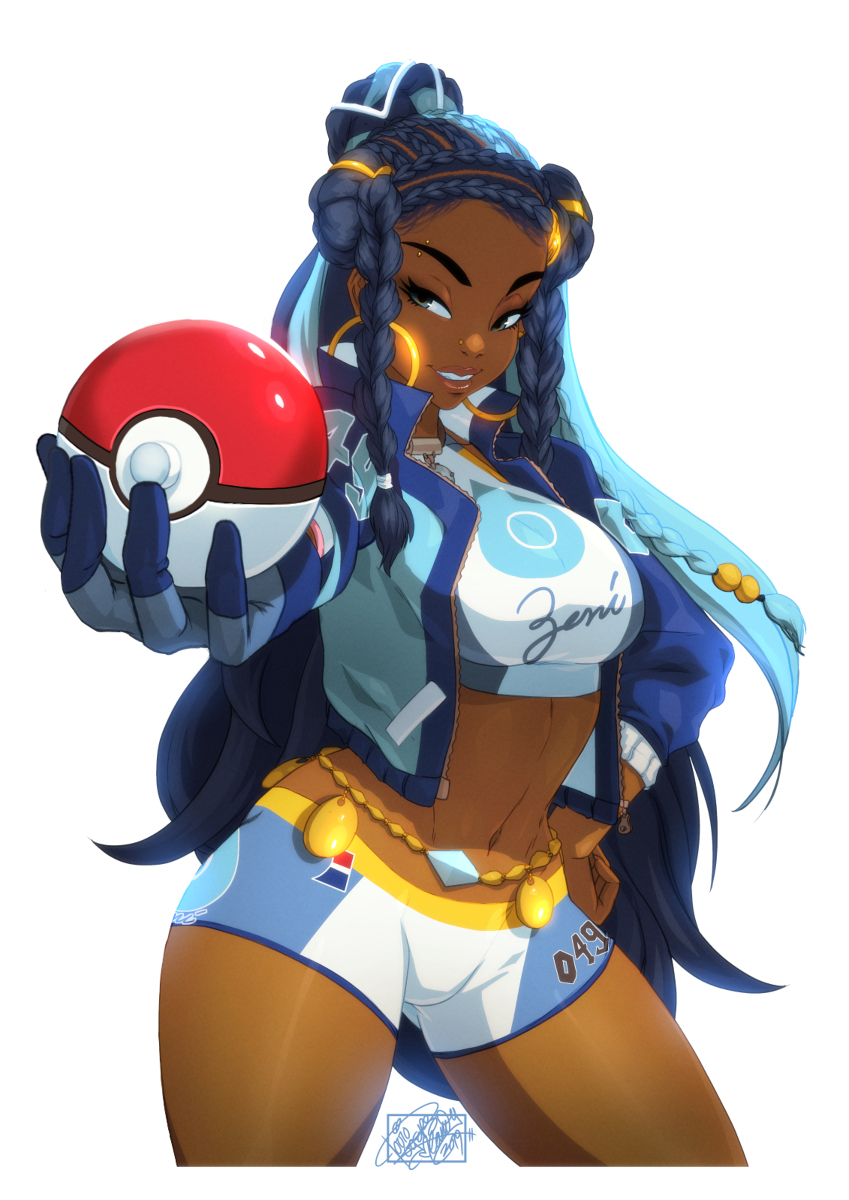 1girls, 2019, abs, alternate breast size, alternate outfit, ass, belly, big ass, big breasts, blue eyes, blue hair, breasts, clothed, clothes, dark skin, dark-skinned female, earrings, eye contact, eyelashes, female, female only, gloves, grin, hair bun, half-closed eyes, hoop earrings, human, jacket, large breasts, lipstick, long hair, looking at viewer, midriff, navel, nessa (pokemon), nintendo, piercings, poke ball, pokemon, pokemon ss, shirt, shorts, smile, teeth, thick thighs, thigh gap, tovio rogers, white background, wide hips, zipper