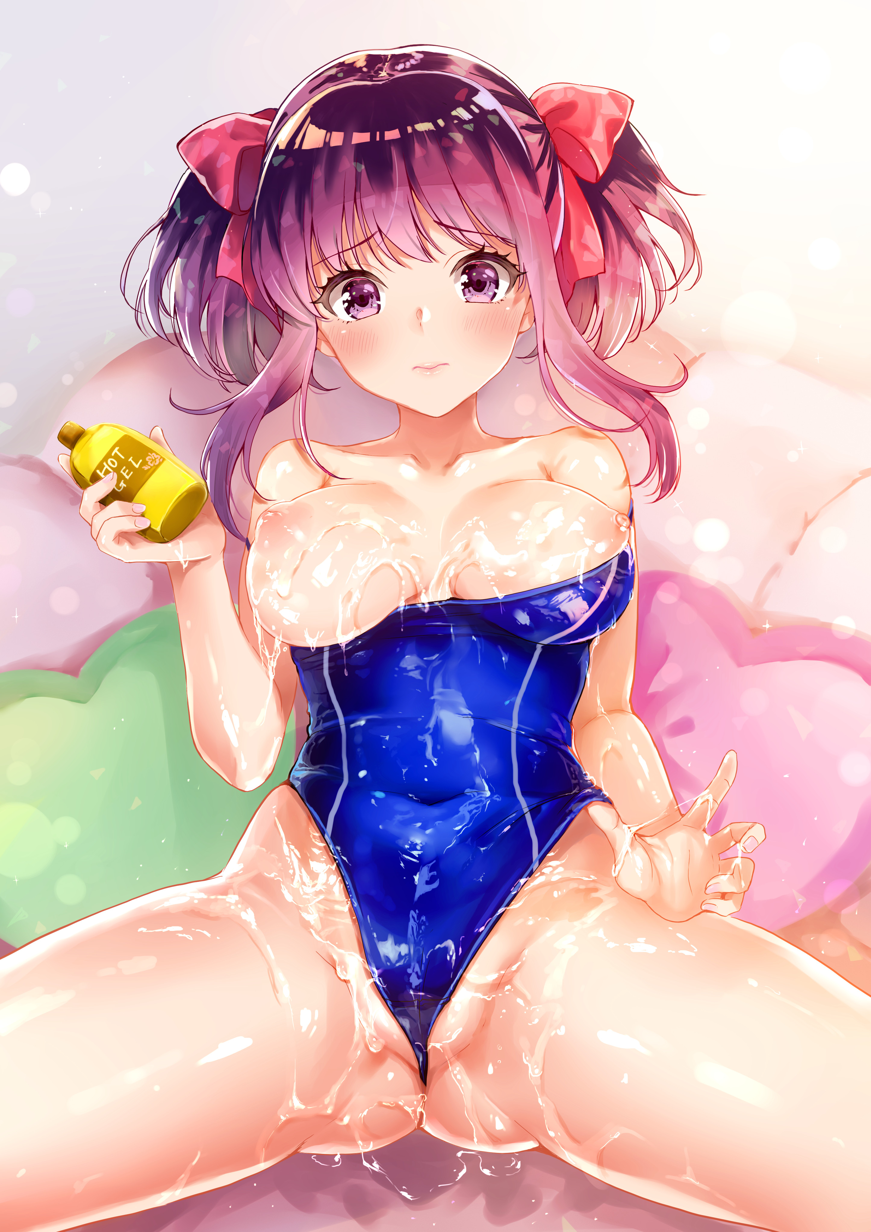 3:, absurdres, bangs, blue swimsuit, blush, bow, breasts, breasts out, cameltoe, competition swimsuit, covered navel, eyebrows visible through hair, female, hair ribbon, hairbow, highleg, highleg swimsuit, highres, large breasts, looking at viewer, lotion, maumen, nipples, off shoulder, official art, one-piece swimsuit, original, partially visible vulva, purple eyes, purple hair, pussy, red bow, red ribbon, ribbon, short twintails, sidelocks, sitting, solo, spread legs, swimsuit, twintails