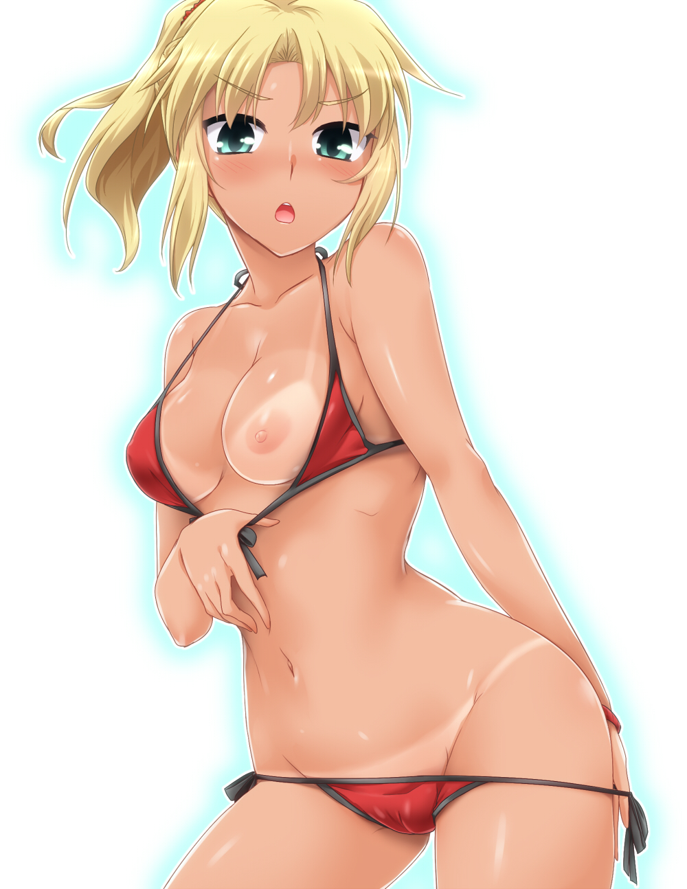 :o, bangs, bare arms, bare shoulders, bikini, bikini pull, bikini tan, black ribbon, blonde hair, blue background, blush, breasts, cameltoe, chestnut mouth, collarbone, contrapposto, covered nipples, cowboy shot, eyebrows visible through hair, fate (series), fate/grand order, female, front-tie bikini, front-tie top, gradient, gradient background, green eyes, groin, halterneck, highres, long hair, looking at viewer, medium breasts, mordred (fate), mordred (swimsuit rider), navel, nipples, one breast out, parted bangs, ponytail, pulled by self, pussy, red bikini, ribbon, shiny, shiny skin, side-tie bikini, sidelocks, solo, standing, stomach, strap gap, string bikini, swimsuit, tan, tanline, v-shaped eyebrows, yoshi tama
