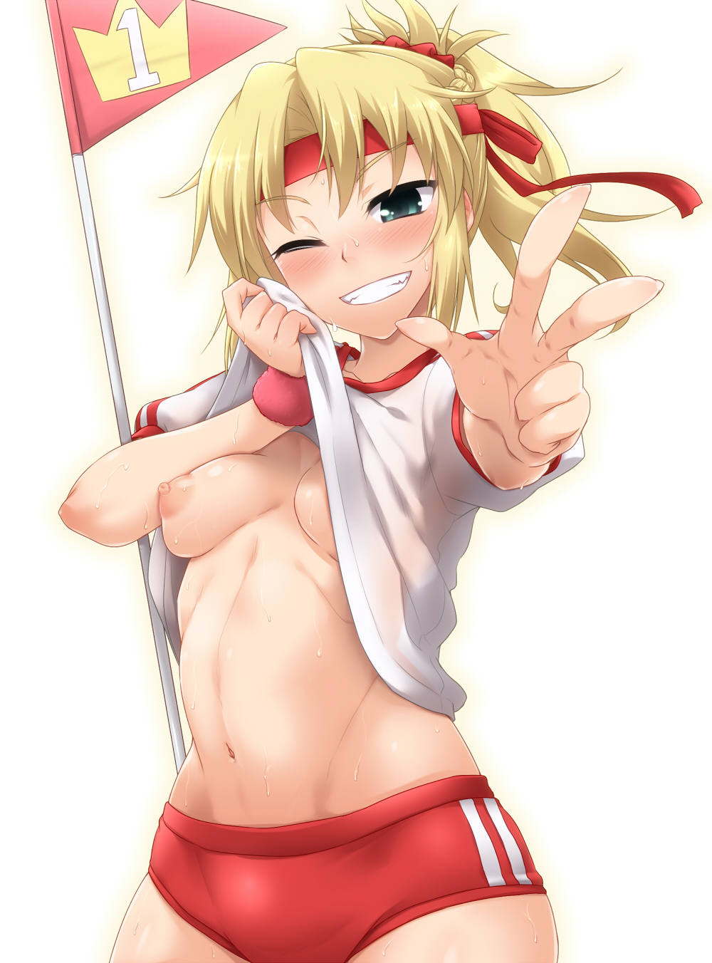 1girls areolae blonde_hair blush breasts buruma fate/apocrypha fate/grand_order fate_(series) female flashing groin gym_uniform highres looking_at_viewer mordred_(fate) navel nipples one_eye_closed open_mouth pennant pointy_chin ponytail self_exposure shirt_lift small_breasts smile solo sweat white_background yoshi_tama