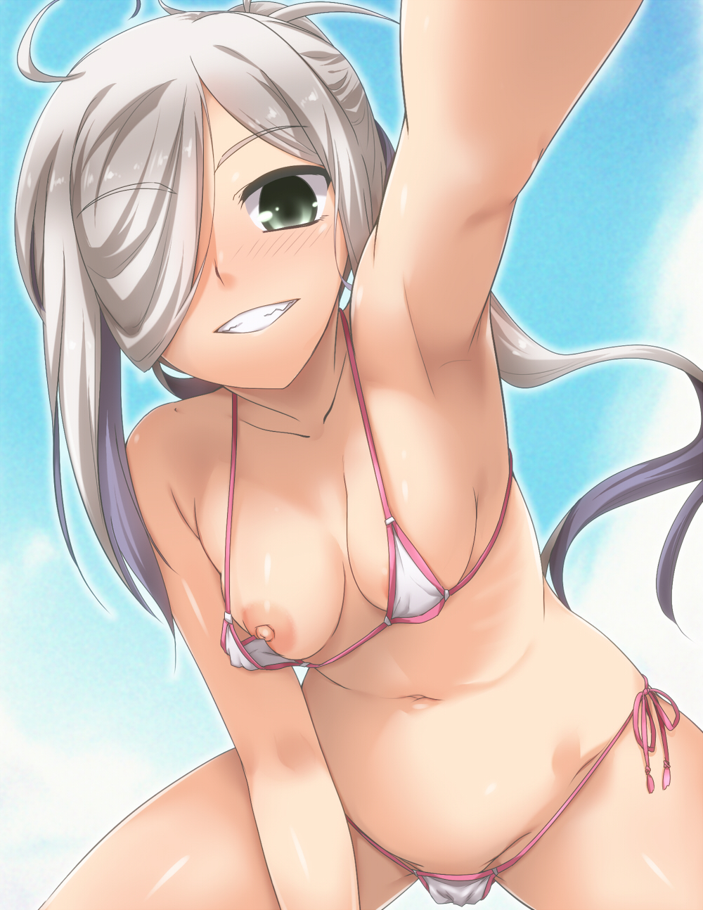 ahoge, areolae, armpits, asashimo (kantai collection), bikini, blush, breast slip, breasts, clothing, female, green eyes, hair over one eye, highres, kantai collection, long hair, medium breasts, micro bikini, navel, nipples, pointy chin, side-tie bikini, silver hair, smile, solo, swimsuit, white bikini, yoshi tama