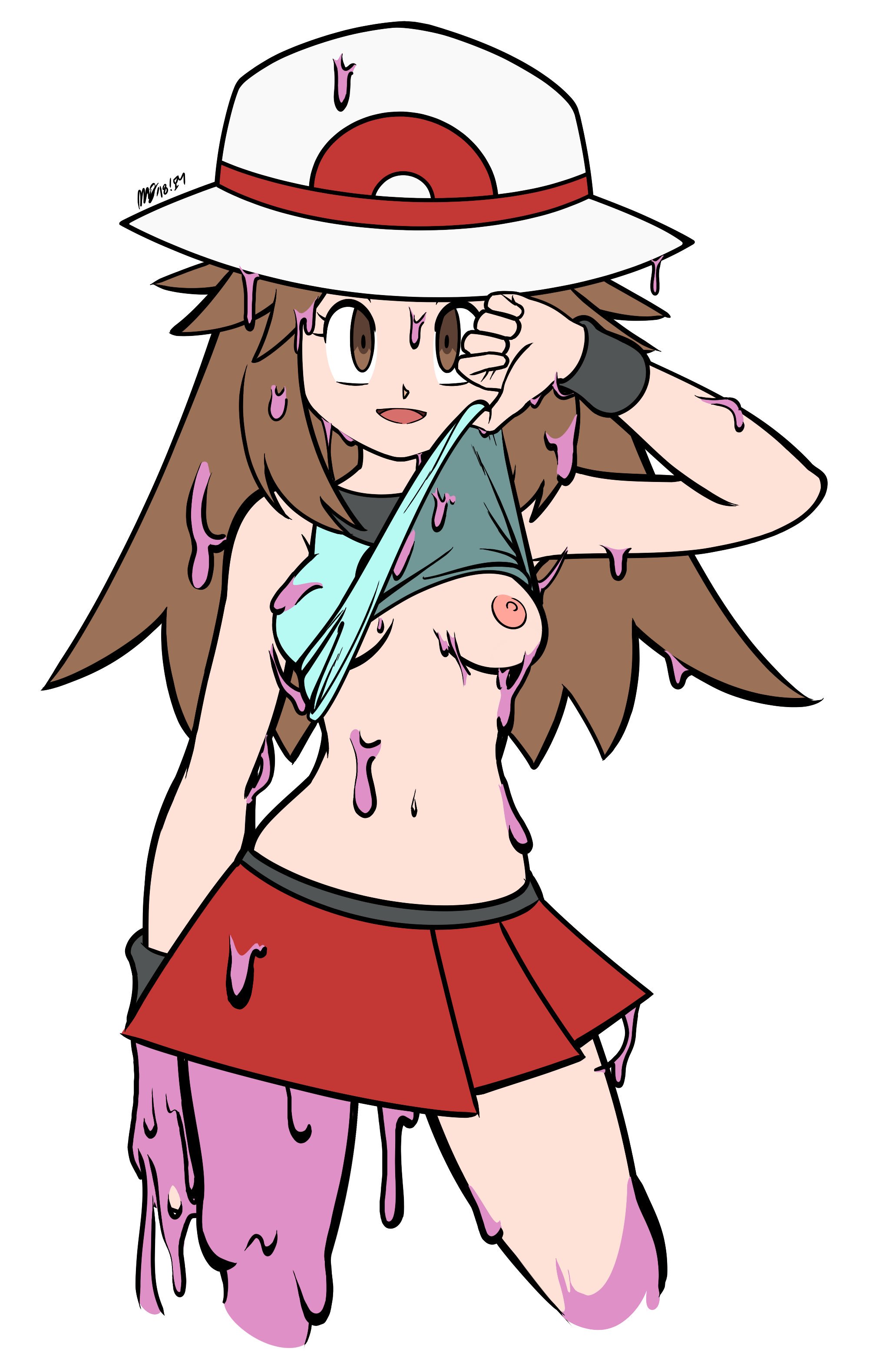 1girls, breasts, clone, clothing, clothing lift, ditto, female, human, leaf (pokemon), mergeritter, nintendo, pokemon, pokemon (species), smile, solo