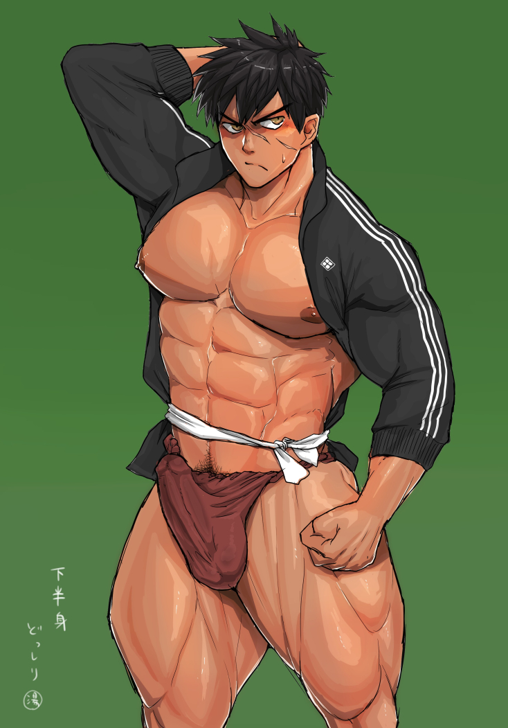 1boy abs bara big_muscles big_pecs black_hair blush boner bulge crotch doudanuki_masakuni erection fundoshi kuromine_hiraya male_focus male_only moobs muscle muscular muscular_male pecs penis_outline pubes serratus_anterior solo touken_ranbu yuatari