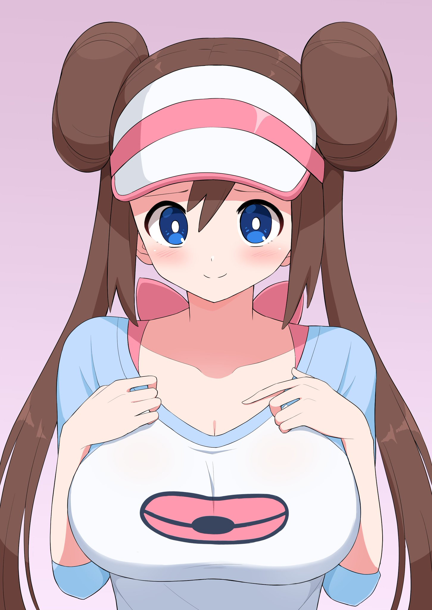 1girls, aikome (haikome), big breasts, blue eyes, blush, breasts, brown hair, cleavage, double bun, eye contact, female, female only, fully clothed, haikome, hair bun, hat, huge breasts, human, long hair, looking at viewer, nintendo, pokemon, pokemon bw2, purple background, rosa (pokemon), shirt, solo, twintails
