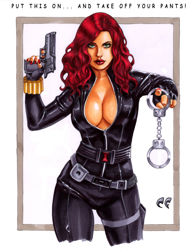 1girls, black widow (marvel), bodysuit, breasts, chris foulkes, cleavage, clothed, dialogue, dominant female, english, english text, female, female only, femdom, green eyes, gun, handcuffs, handgun, human, human only, large breasts, light skin, light-skinned female, lipstick, long hair, looking at viewer, marvel, marvel comics, nail polish, natasha romanoff, open clothes, pointing at viewer, red hair, scarlett johansson, seductive look, signature, solo, solo female, straight hair, talking to viewer, text, unzipped, unzipped bodysuit, weapon