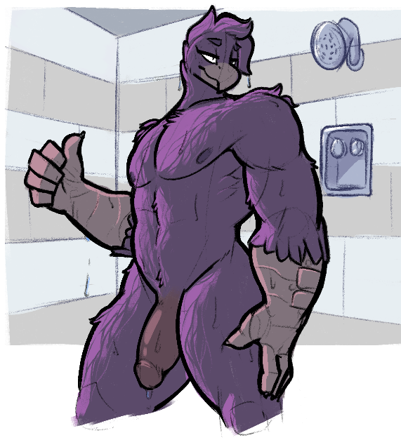 alpha_channel avian barazoku feathers half-erect male male_only muscular muscular_male nipples nude penis purple_feathers remanedur shower solo wet