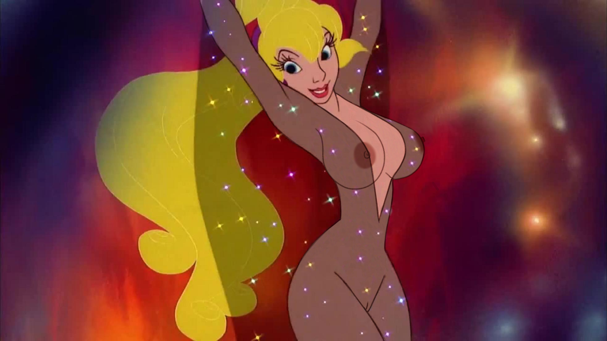 blonde hair, blue eyes, breasts, dragon's lair, edit, female, glitter, ponytail, princess daphne, pussy, see-through