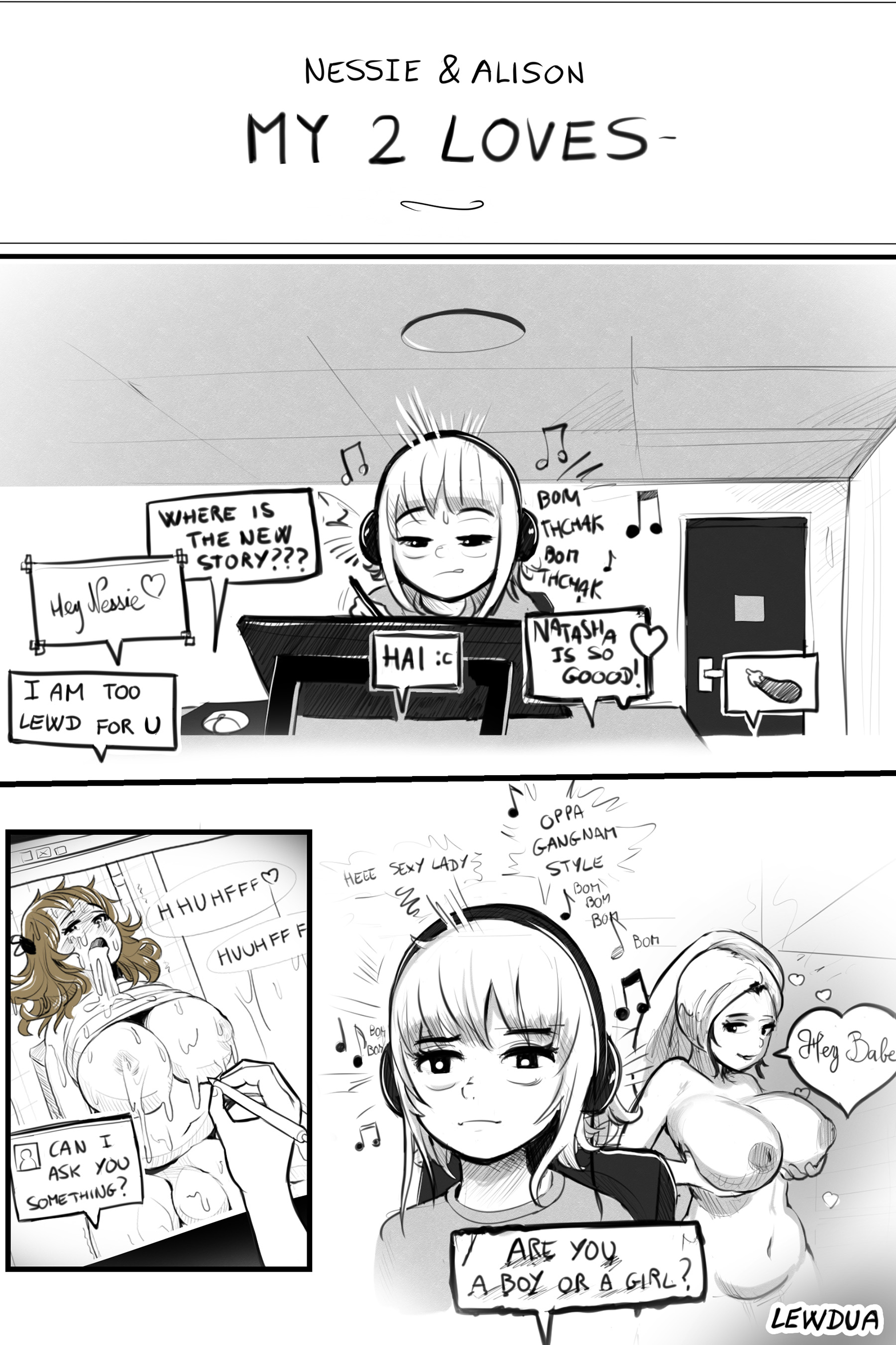 absurdres, alison (lewdua), areolae, big breasts, breasts, comic, cum, cum in mouth, cum inside, cum on breasts, dickgirl, futanari, highres, intersex, large breasts, lewdua, monochrome, natasha (lewdua), nessie (lewdua), nipples, speech bubble, text