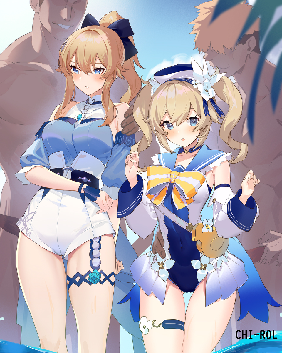 2boys, 2girls, barbara (genshin impact), barbara (summertime sparkle) (genshin impact), beach, blonde hair, blue eyes, breasts, briefs, chi-rol, chil-rol, clothed, female, genshin impact, hand on hip, hand on shoulder, hi res, jean gunnhildr, jean gunnhildr (sea breeze dandelion), male, muscular, muscular male, nun, sisters, smile, straight, swimsuit, thighs, topless, twintails, underwear