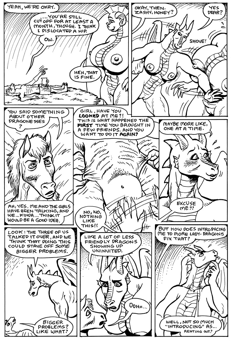 2018 anthro areola big_breasts black_and_white breasts claws comic dragon english_text equine female gustav_(here_there_be_dragons) here_there_be_dragons horn horse huge_breasts karno larger_female male mammal monochrome nipples nude olga open_mouth pussy size_difference skinny smaller_male speech_bubble teeth text wings zashy