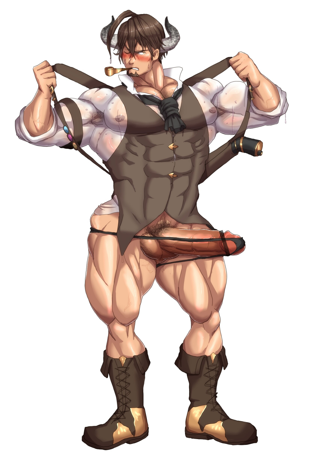 1boy bara barawa blush boner brown_hair draph erection granblue_fantasy horns kuromine_hiraya male_focus male_only muscle solo sweat tagme yellow_eyes yuatari