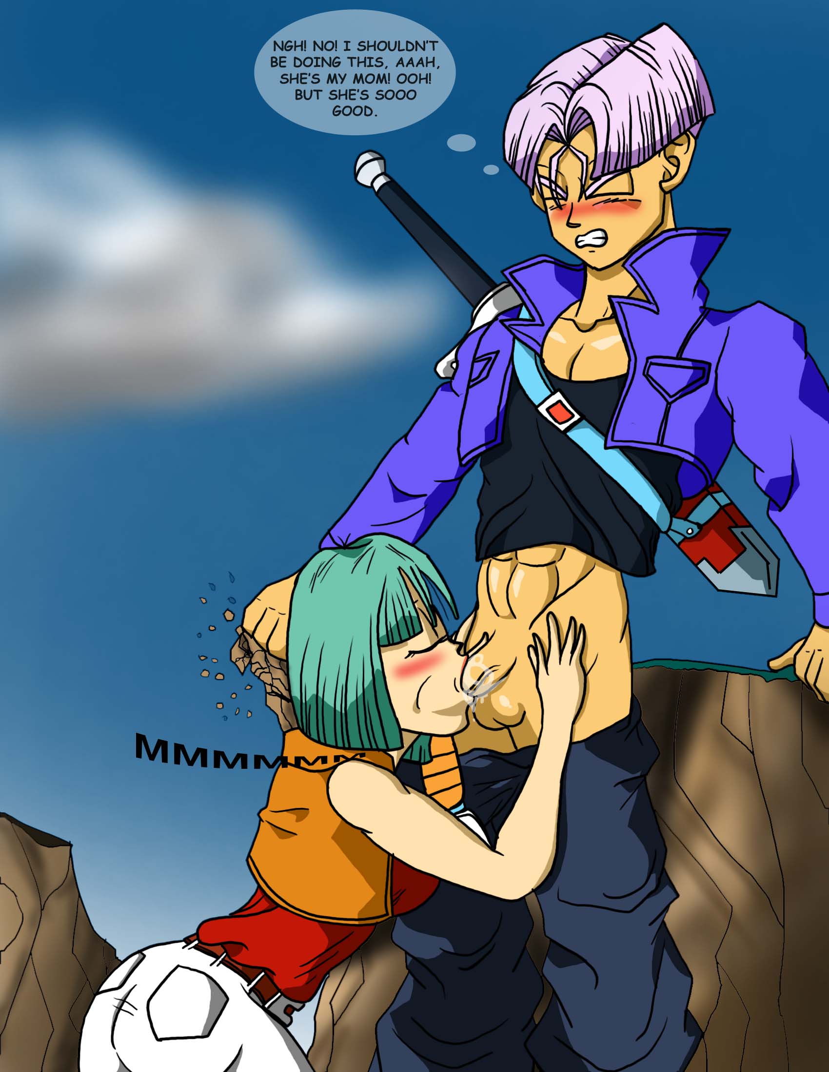 1boy, 1girls, abs, ass, balls, black vest, blue hair, blue jacket, blush, bowl cut, bulma briefs, bulma briefs (androids' saga), closed eyes, clothed, clothing, dragon ball, dragon ball z, fellatio, female, future trunks, human, incest, jacket, male, mother and son, muscular, oral, outdoors, penis, short hair, sword, testicles, time travel, trunks briefs, white legwear