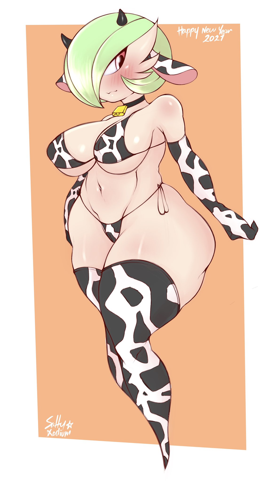 1girls, 2021, anthro, big breasts, bikini, breasts, cow bikini, cow ears, cow horns, cow print, cowbell, curvy figure, female, female pokemon, gardevoir, gloves, green hair, large breasts, nintendo, pokémon (species), pokemon, pokemon (species), pokemon rse, red eyes, saltyxodium, standing, thick thighs, thighhighs, thighs, voluptuous, white skin, wide hips, year of the ox